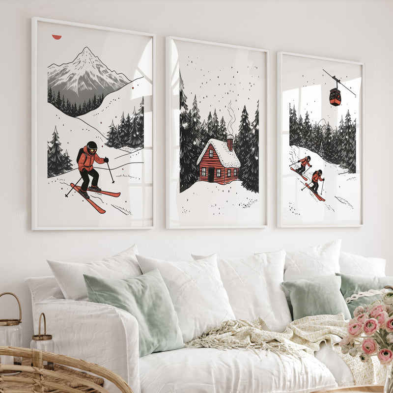 Alpine Skiing Winter Set of 3 Prints Home Wall Art - White Framed Poster with White Border - Artworksets