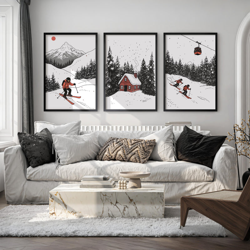 Alpine Skiing Winter Set of 3 Prints Home Wall Art - Black Framed Poster No Border - Artworksets