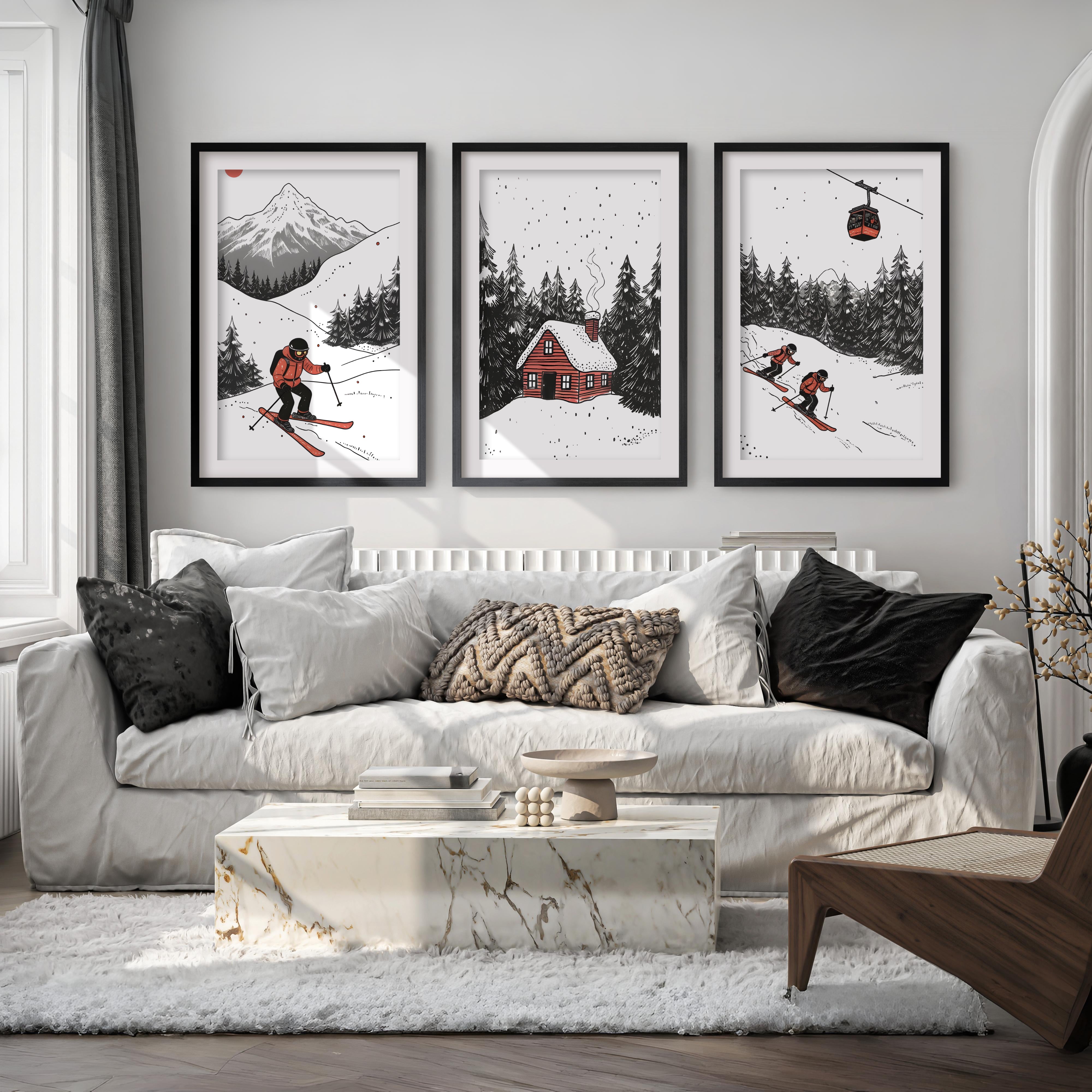 Alpine Skiing Winter Set of 3 Prints Home Wall Art - Black Framed Poster with White Border - Artworksets