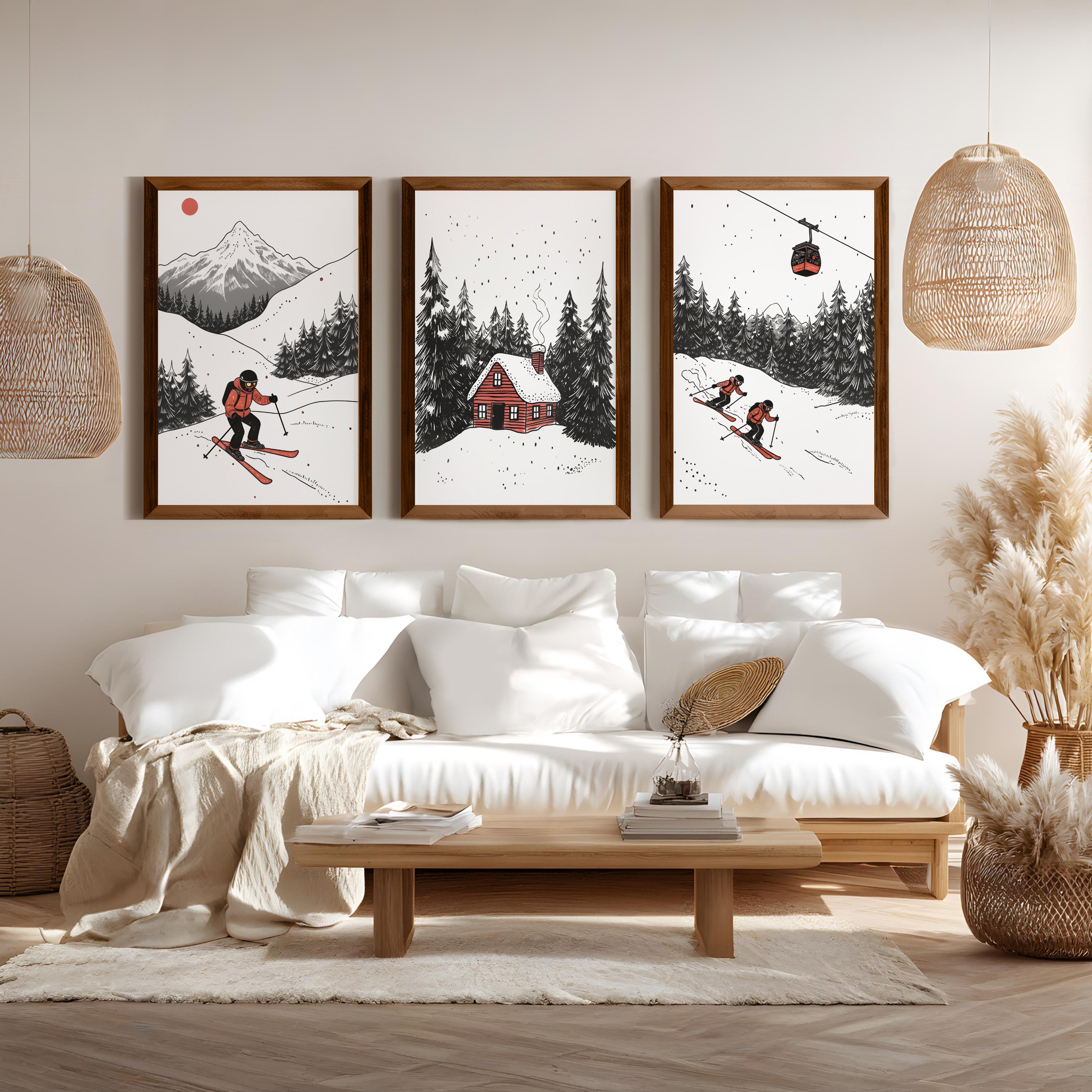 Alpine Skiing Winter Set of 3 Prints Home Wall Art - Dark Brown Framed Poster No Border - Artworksets