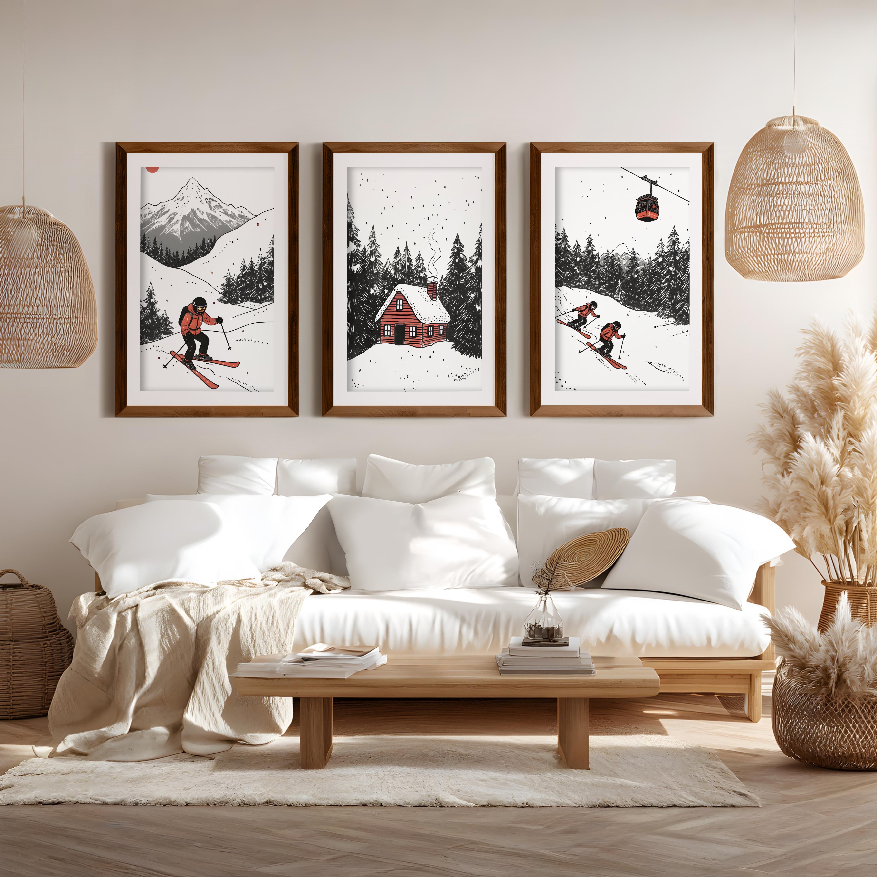 Alpine Skiing Winter Set of 3 Prints Home Wall Art - Dark Brown Framed Poster with White Border - Artworksets