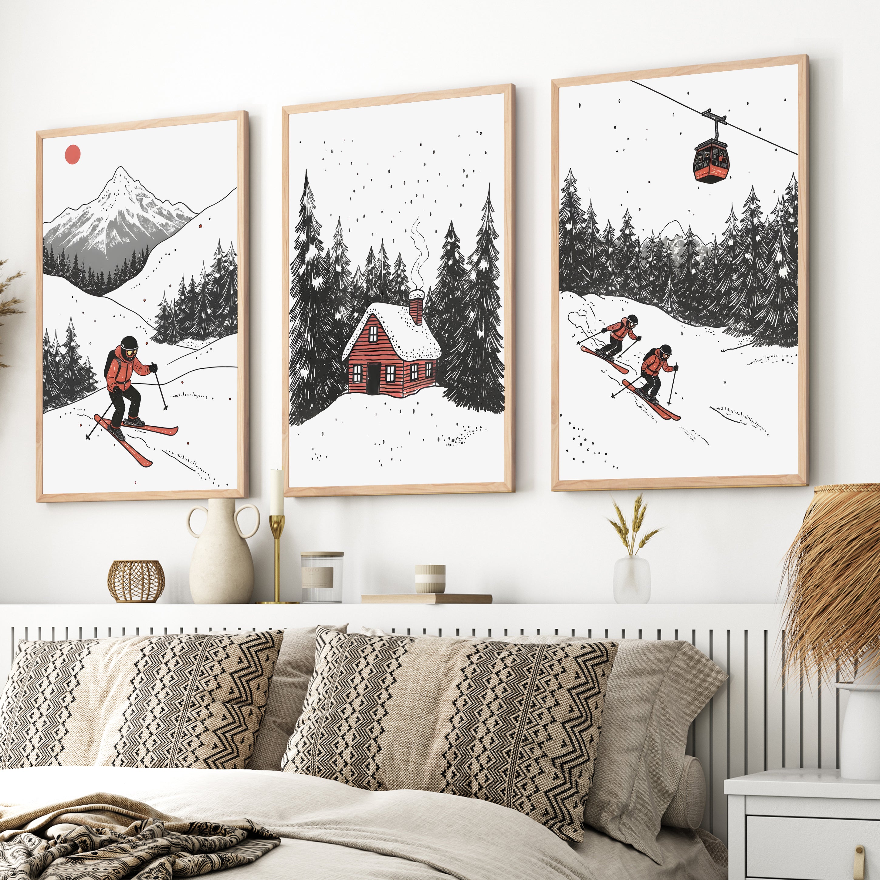Alpine Skiing Winter Set of 3 Prints Home Wall Art - Natural Wood Framed Poster No Border - Artworksets