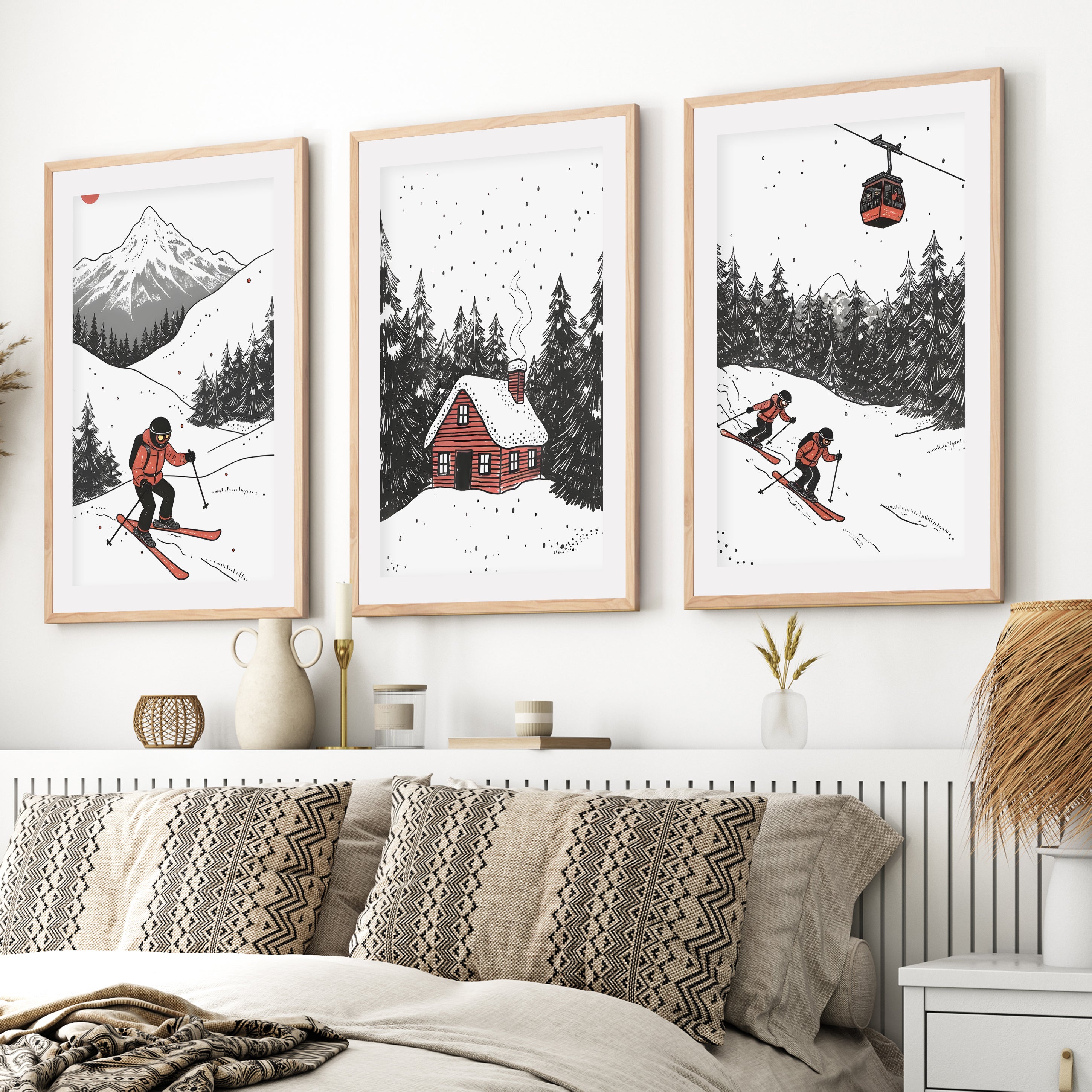 Alpine Skiing Winter Set of 3 Prints Home Wall Art- Natural Wood Framed Poster with White Border - Artworksets