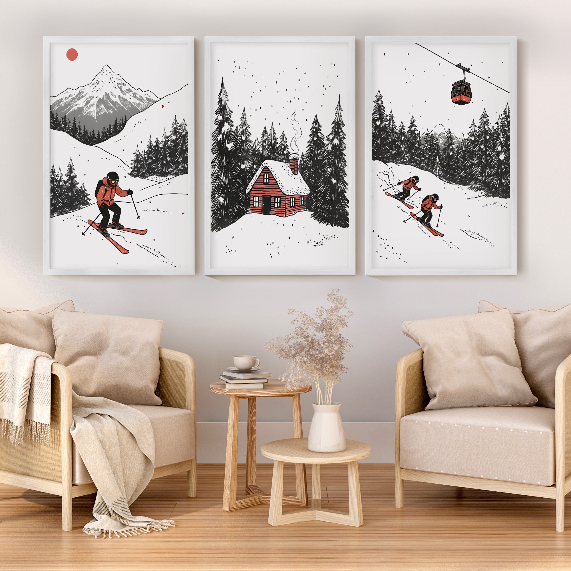 Alpine Skiing Winter Set of 3 Prints Home Wall Art - White Framed Poster No Border - Artworksets