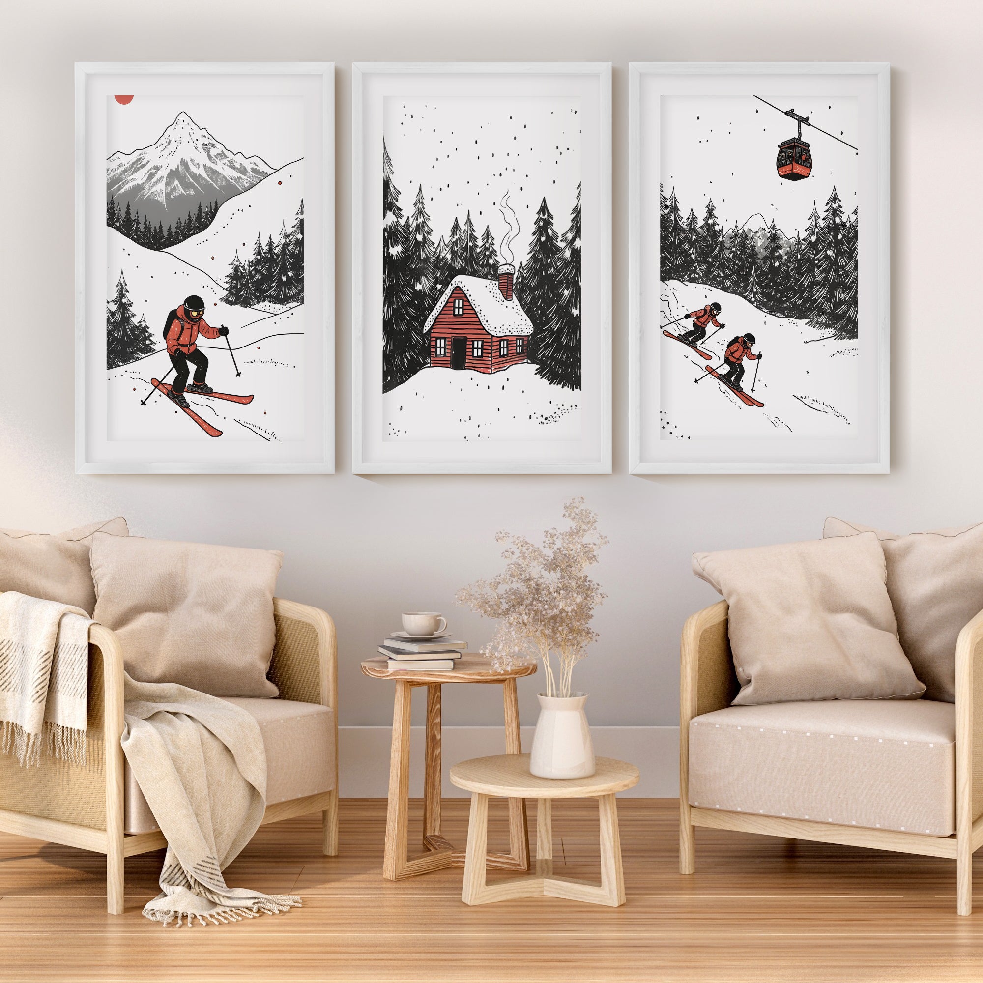 Alpine Skiing Winter Set of 3 Prints Home Wall Art - White Framed Poster with White Border - Artworksets