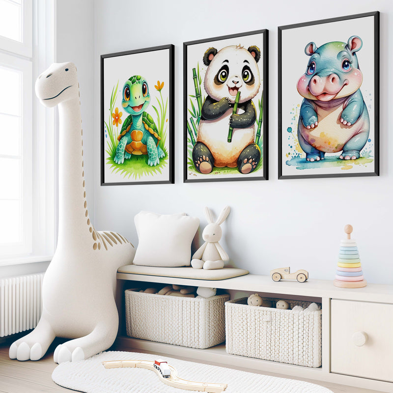 Animal Nursery Decor – Turtle, Panda & Hippo Set (3 Prints) - Black Framed Poster No Border - Artworksets