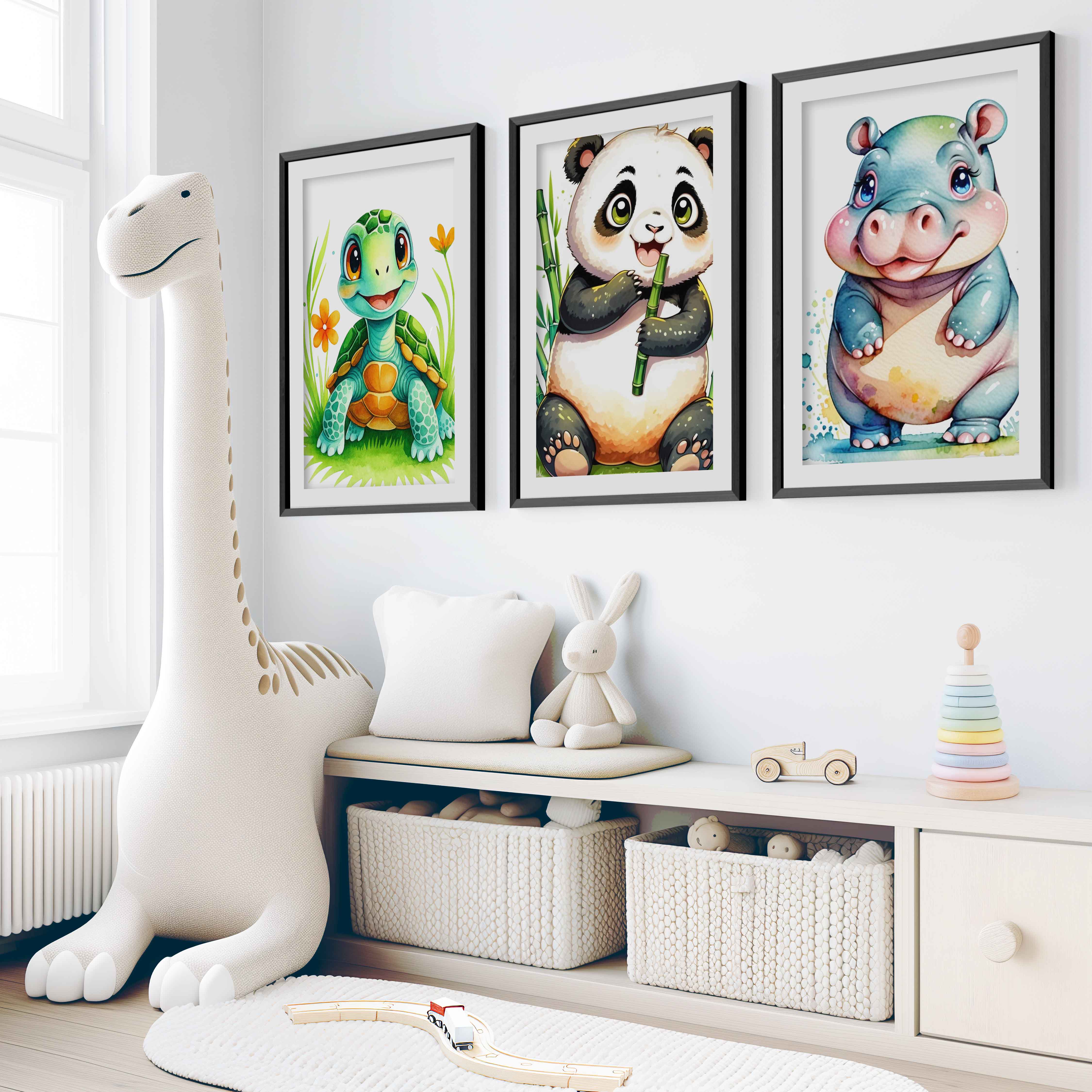 Animal Nursery Decor – Turtle, Panda & Hippo Set (3 Prints) - Black Framed Poster with White Border - Artworksets