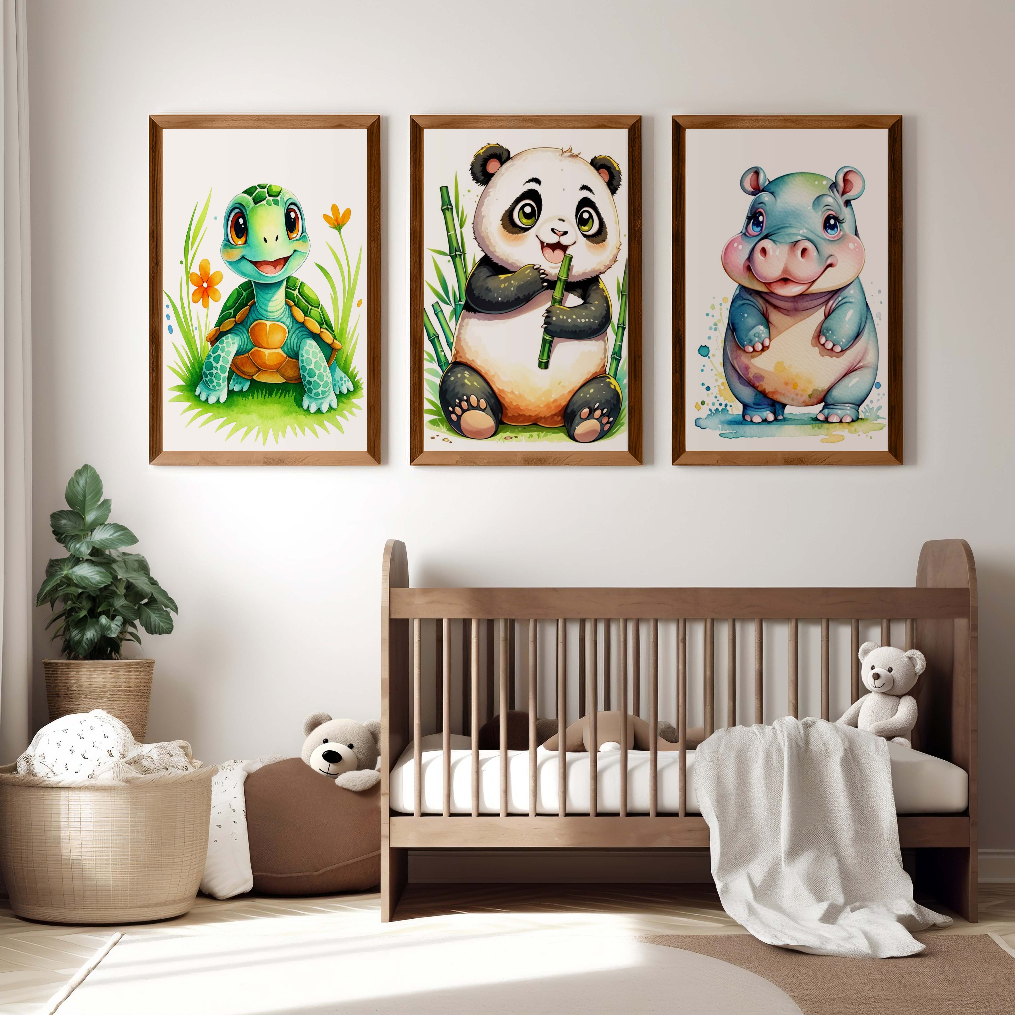 Animal Nursery Decor – Turtle, Panda & Hippo Set (3 Prints) - Dark Brown Framed Poster No Border - Artworksets