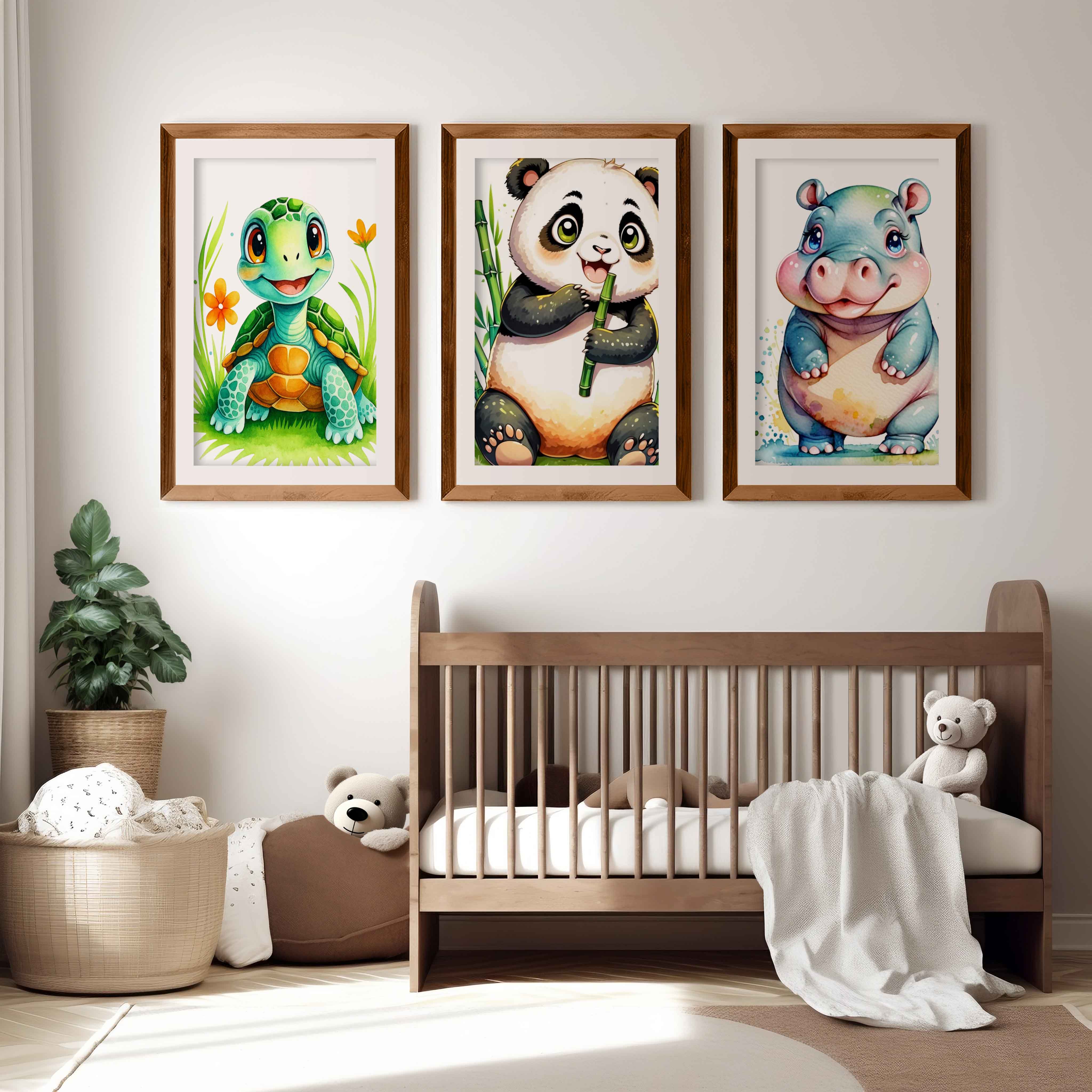 Animal Nursery Decor – Turtle, Panda & Hippo Set (3 Prints) - Dark Brown Framed Poster with White Border - Artworksets
