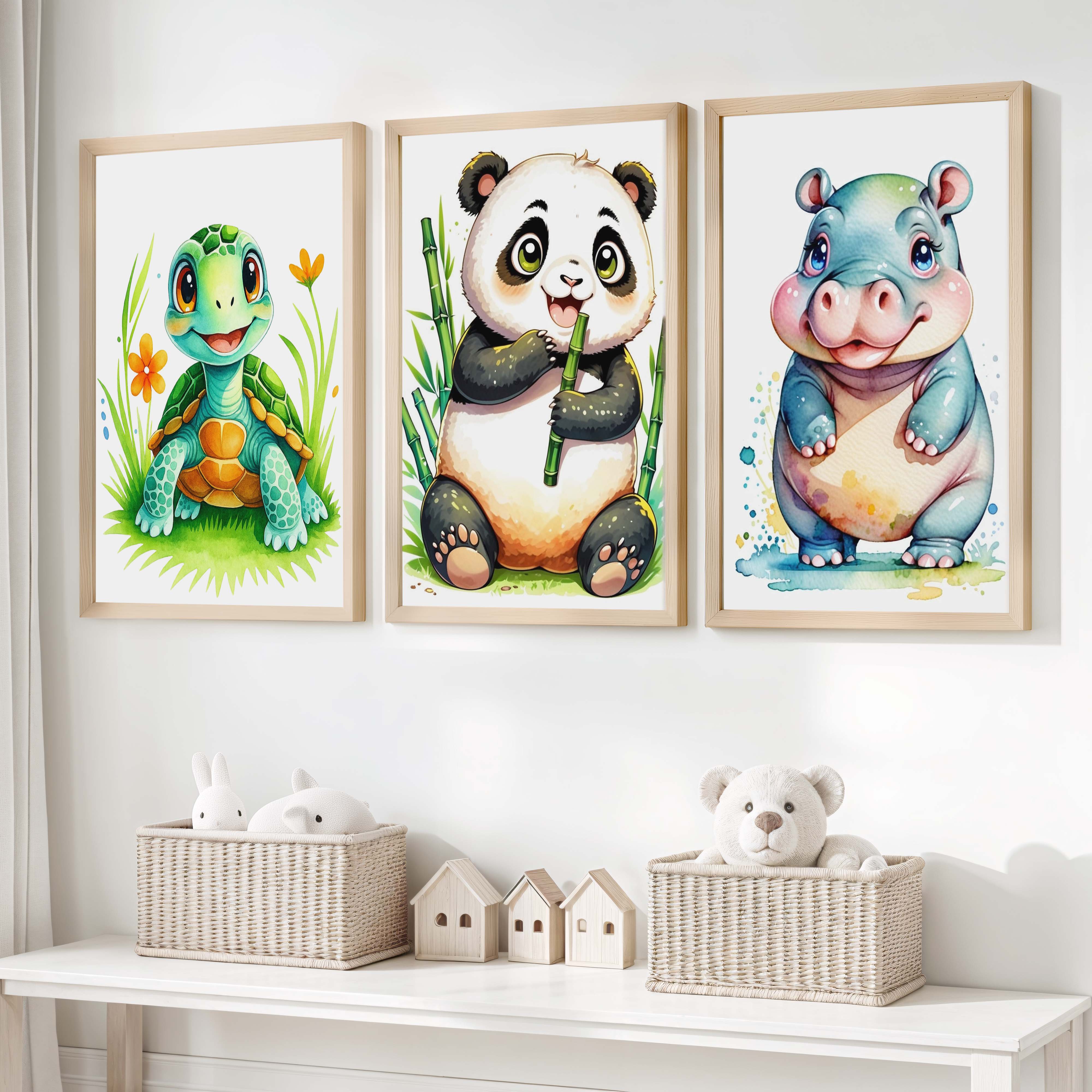 Animal Nursery Decor – Turtle, Panda & Hippo Set (3 Prints) - Natural Wood Framed Poster No Border - Artworksets