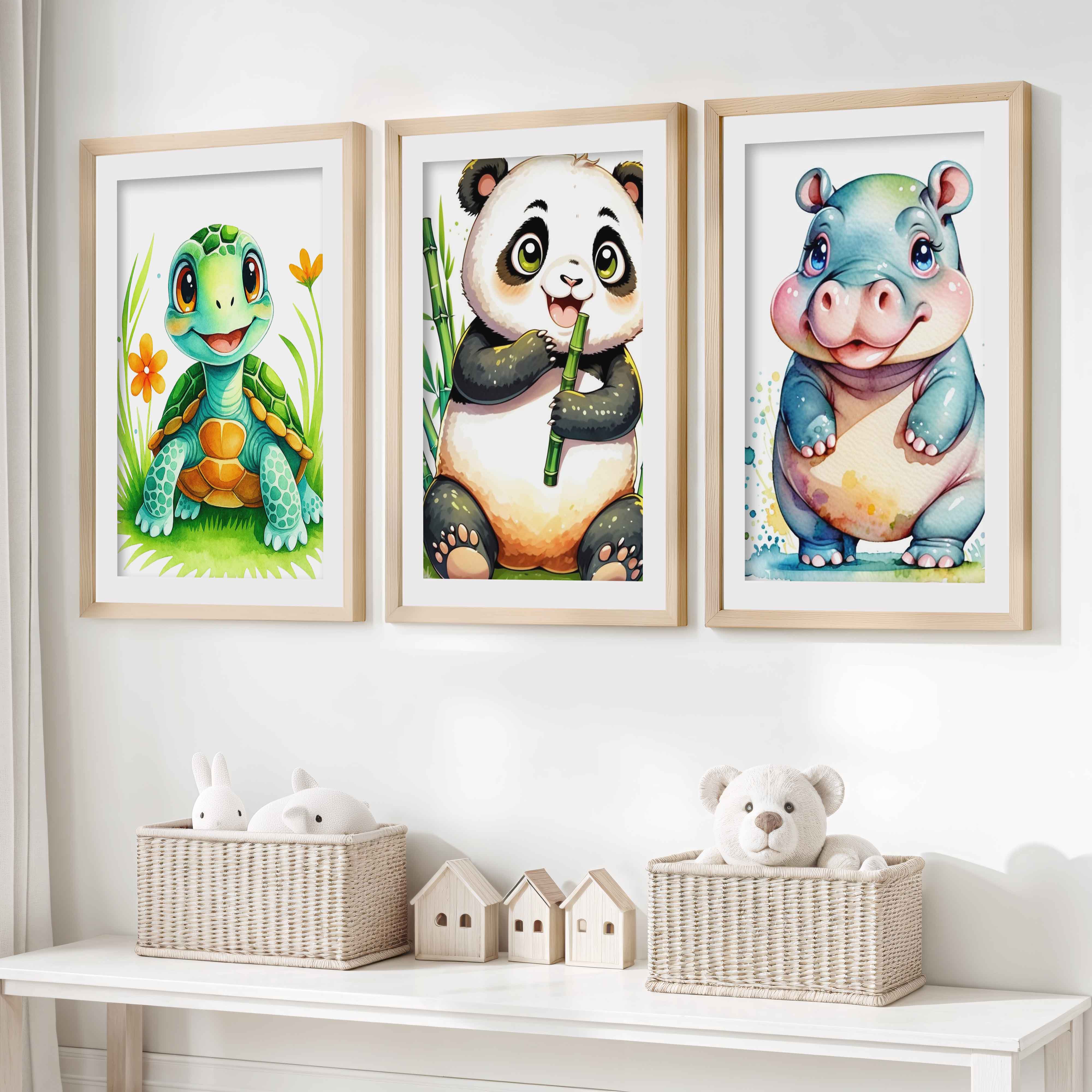 Animal Nursery Decor – Turtle, Panda & Hippo Set (3 Prints)- Natural Wood Framed Poster with White Border - Artworksets