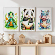 Animal Nursery Decor – Turtle, Panda & Hippo Set (3 Prints) - White Framed Poster No Border - Artworksets