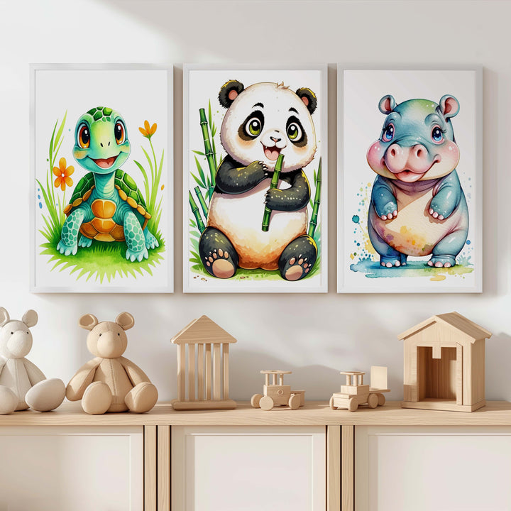 Animal Nursery Decor – Turtle, Panda & Hippo Set (3 Prints) - White Framed Poster No Border - Artworksets