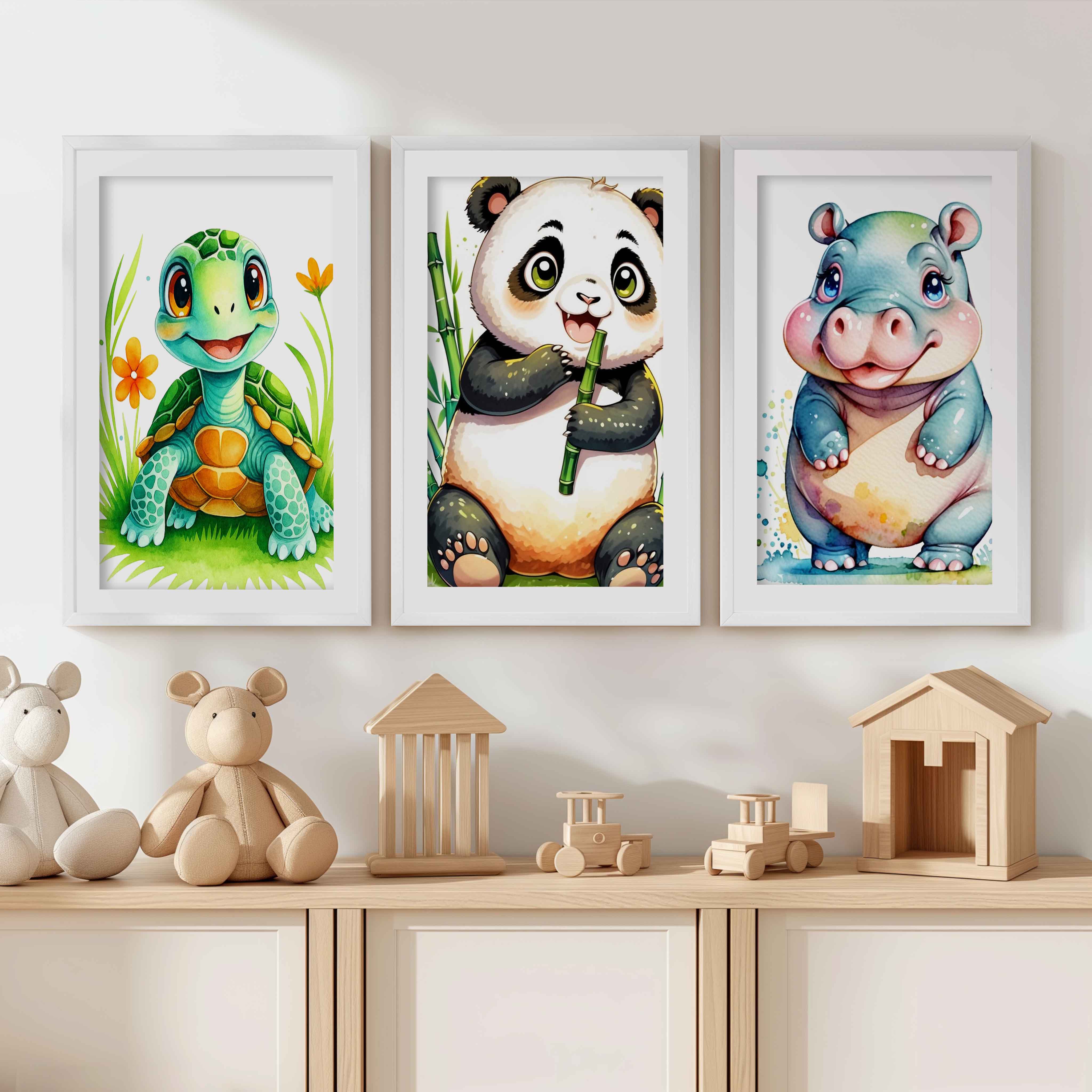 Animal Nursery Decor – Turtle, Panda & Hippo Set (3 Prints) - White Framed Poster with White Border - Artworksets