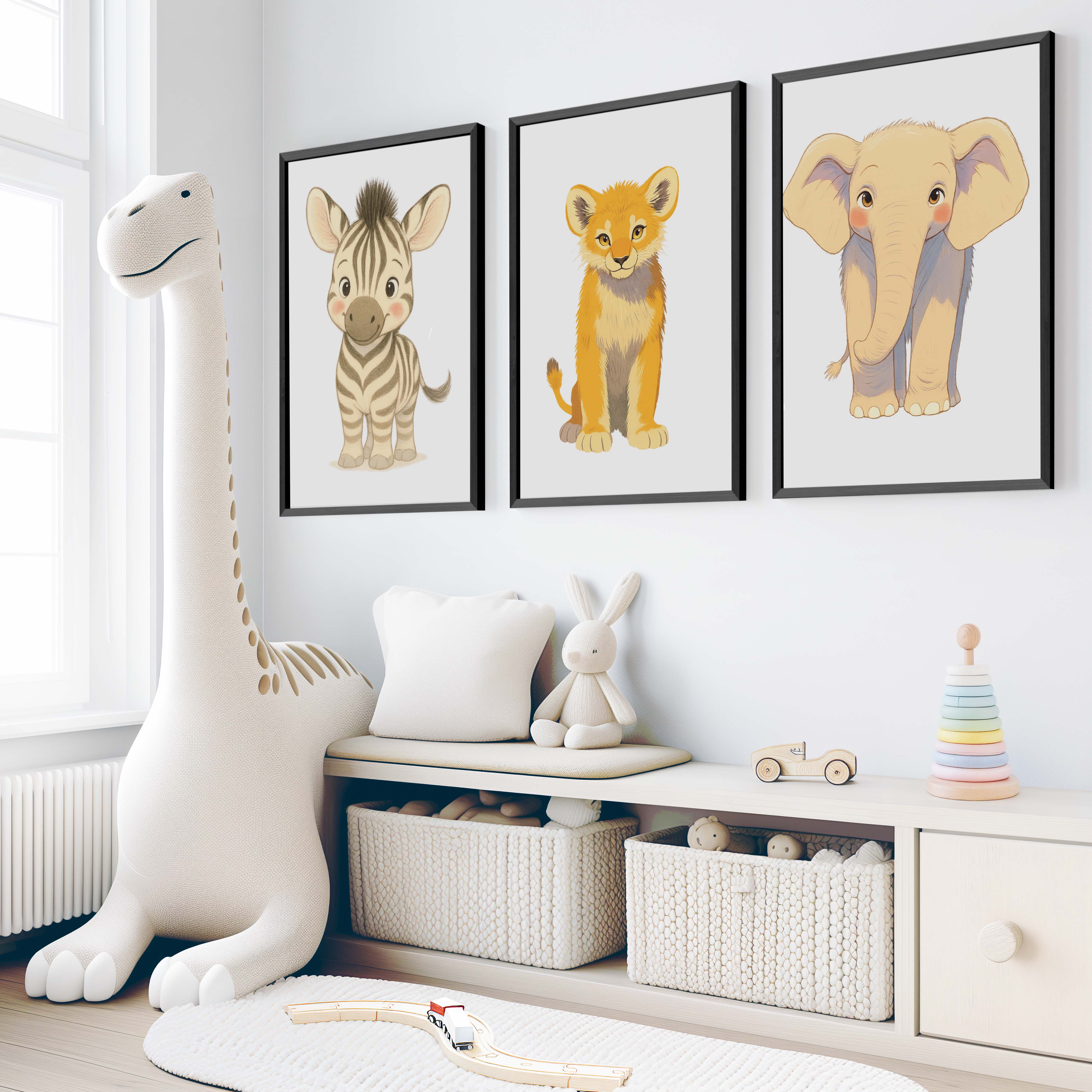 Animal Prints for Nursery – Elephant, Lion & Zebra Set - Black Framed Poster No Border - Artworksets
