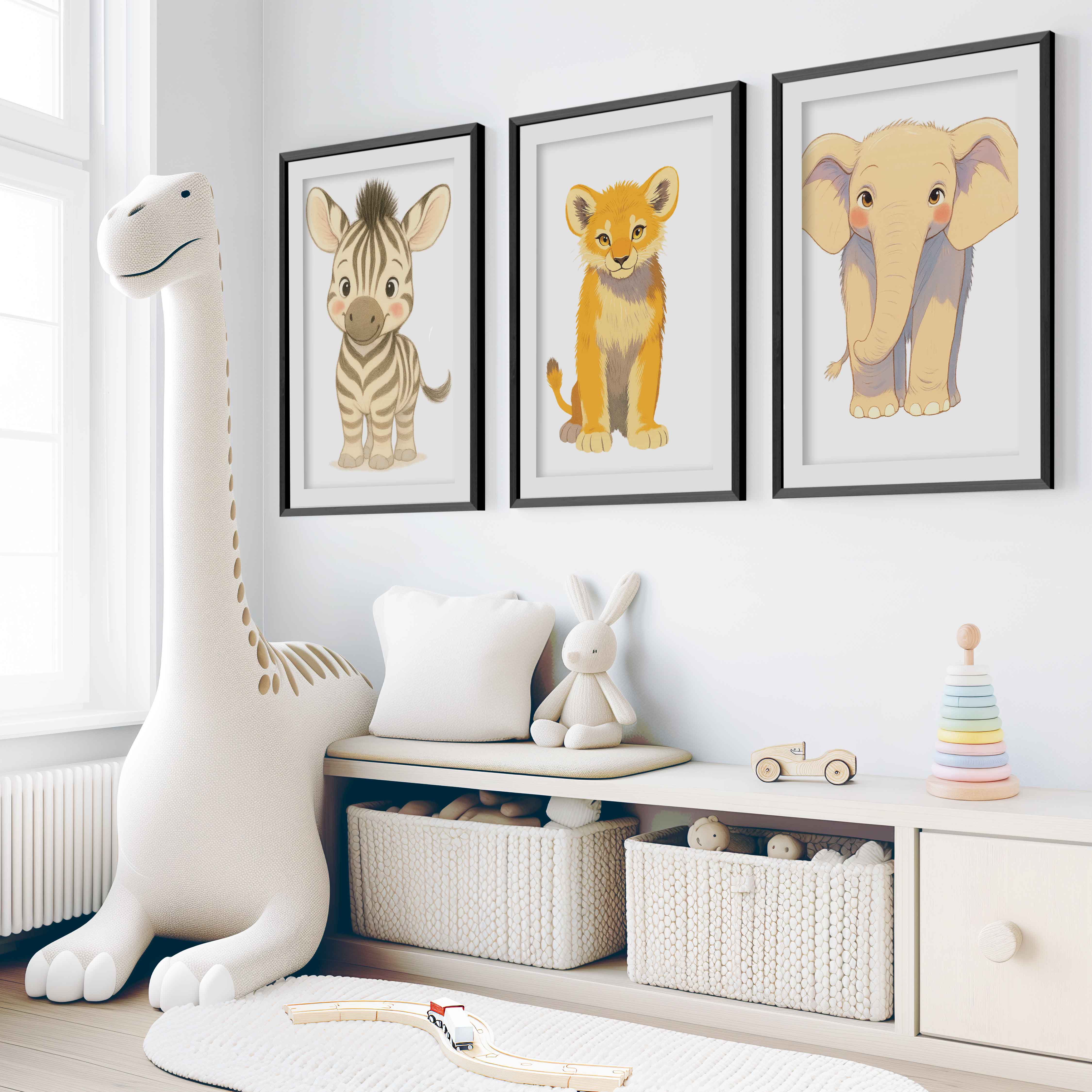 Animal Prints for Nursery – Elephant, Lion & Zebra Set - Black Framed Poster with White Border - Artworksets