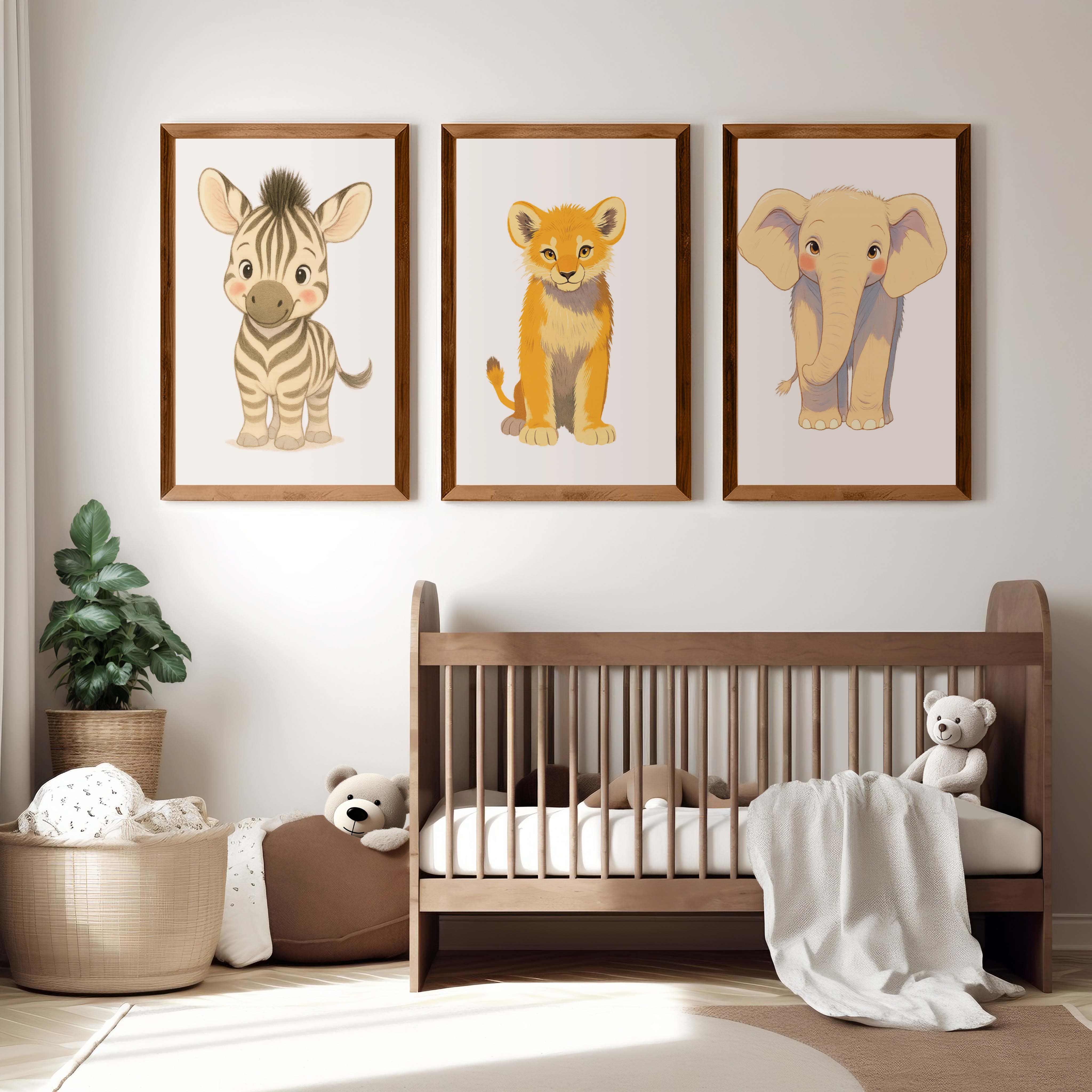 Animal Prints for Nursery – Elephant, Lion & Zebra Set - Dark Brown Framed Poster No Border - Artworksets