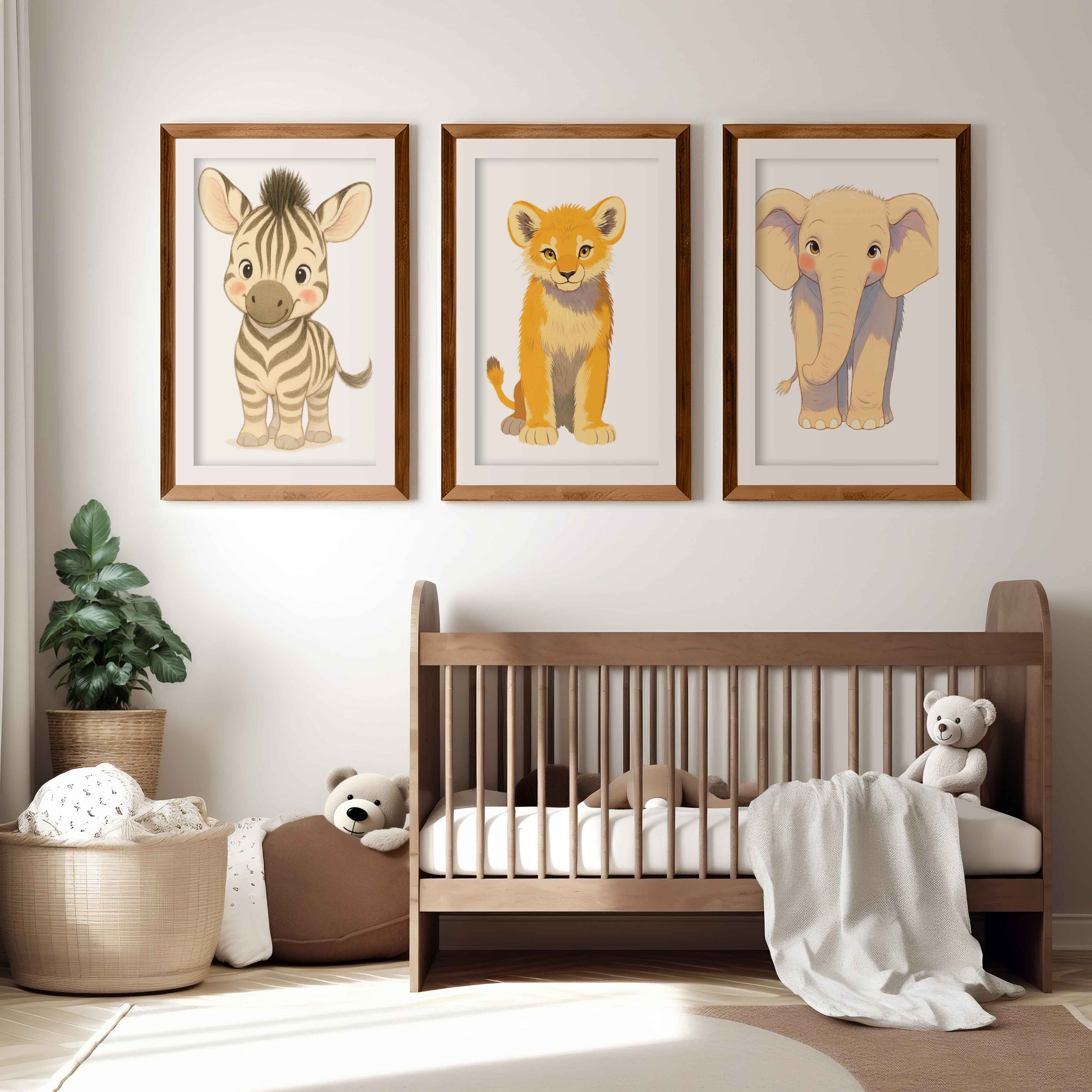 Animal Prints for Nursery – Elephant, Lion & Zebra Set - Dark Brown Framed Poster with White Border - Artworksets