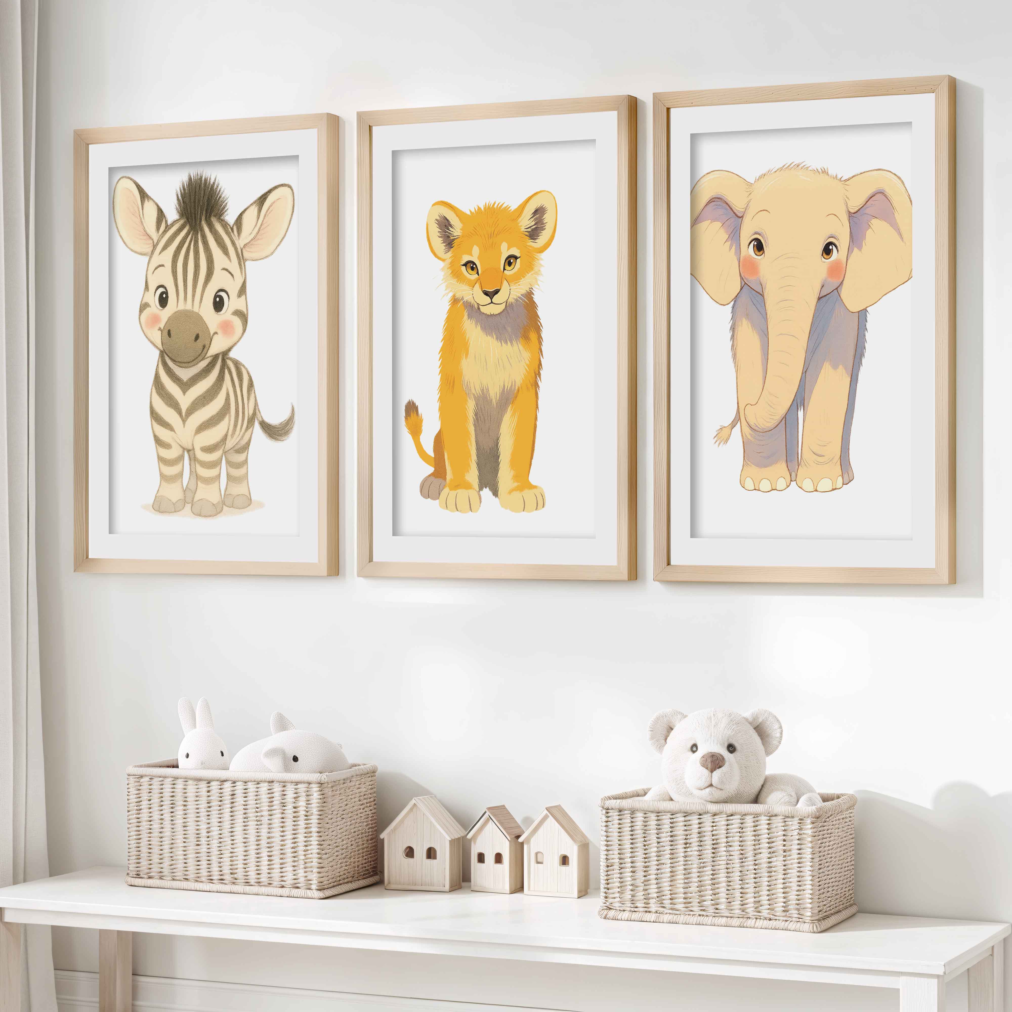 Animal Prints for Nursery – Elephant, Lion & Zebra Set- Natural Wood Framed Poster with White Border - Artworksets