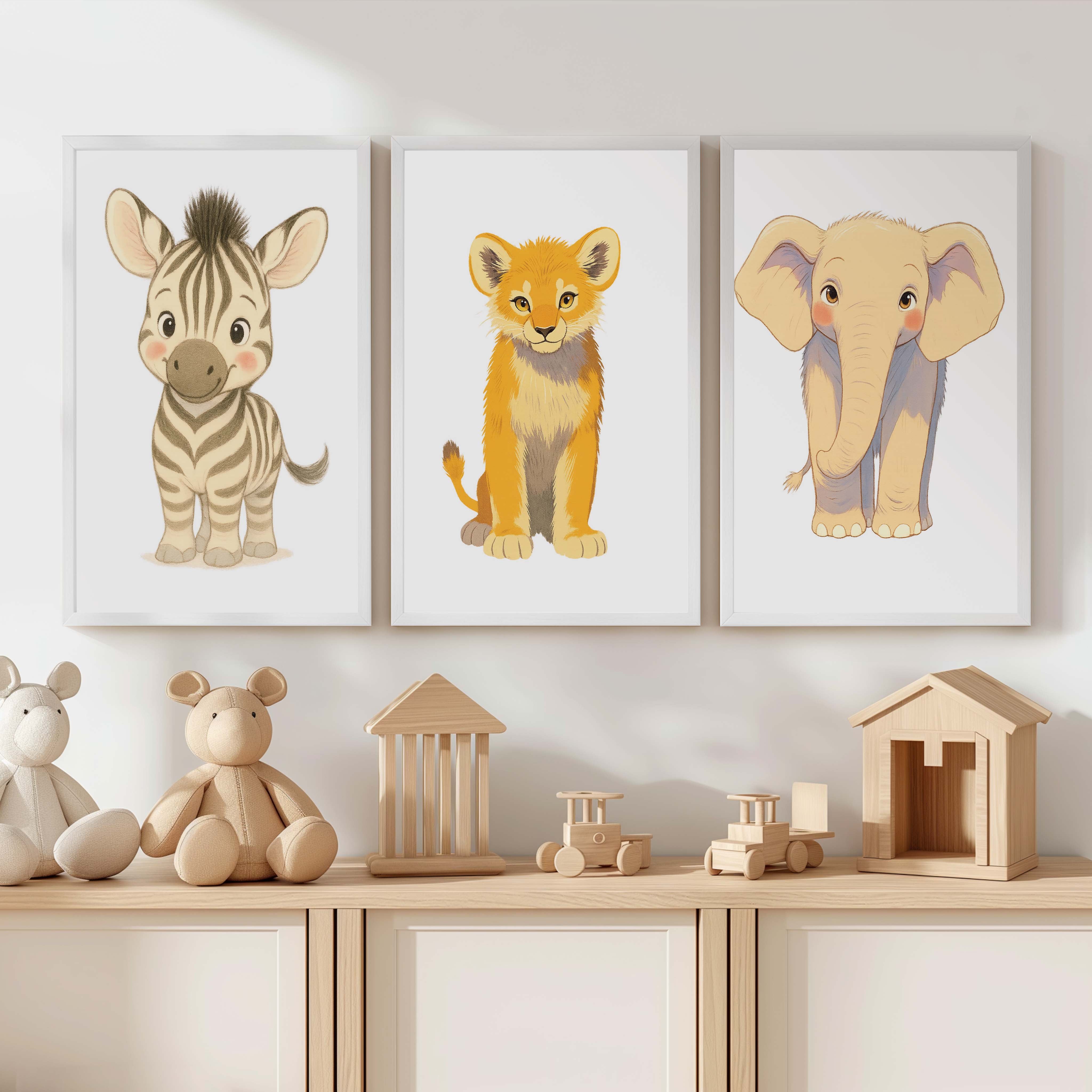 Animal Prints for Nursery – Elephant, Lion & Zebra Set - White Framed Poster No Border - Artworksets