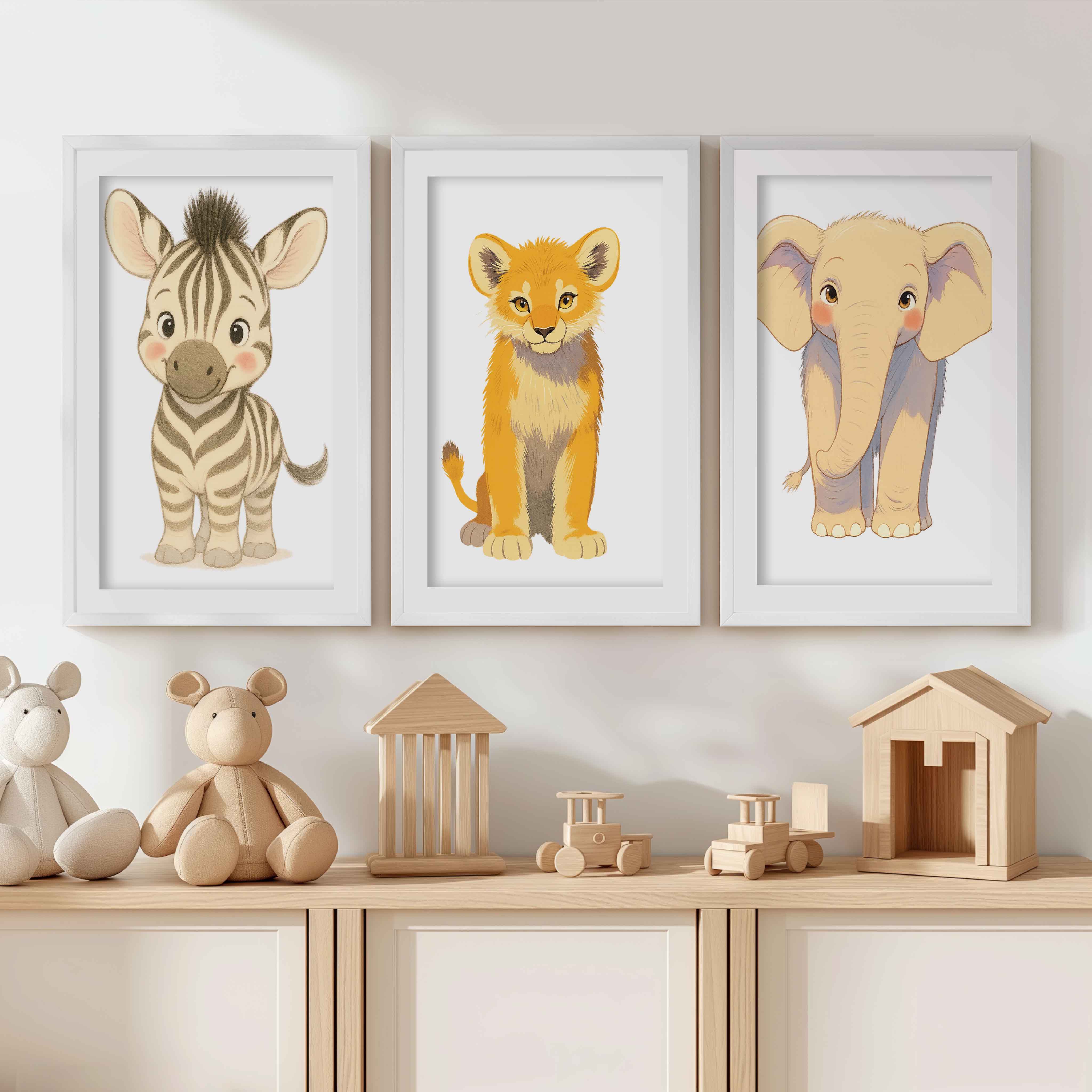 Animal Prints for Nursery – Elephant, Lion & Zebra Set - White Framed Poster with White Border - Artworksets