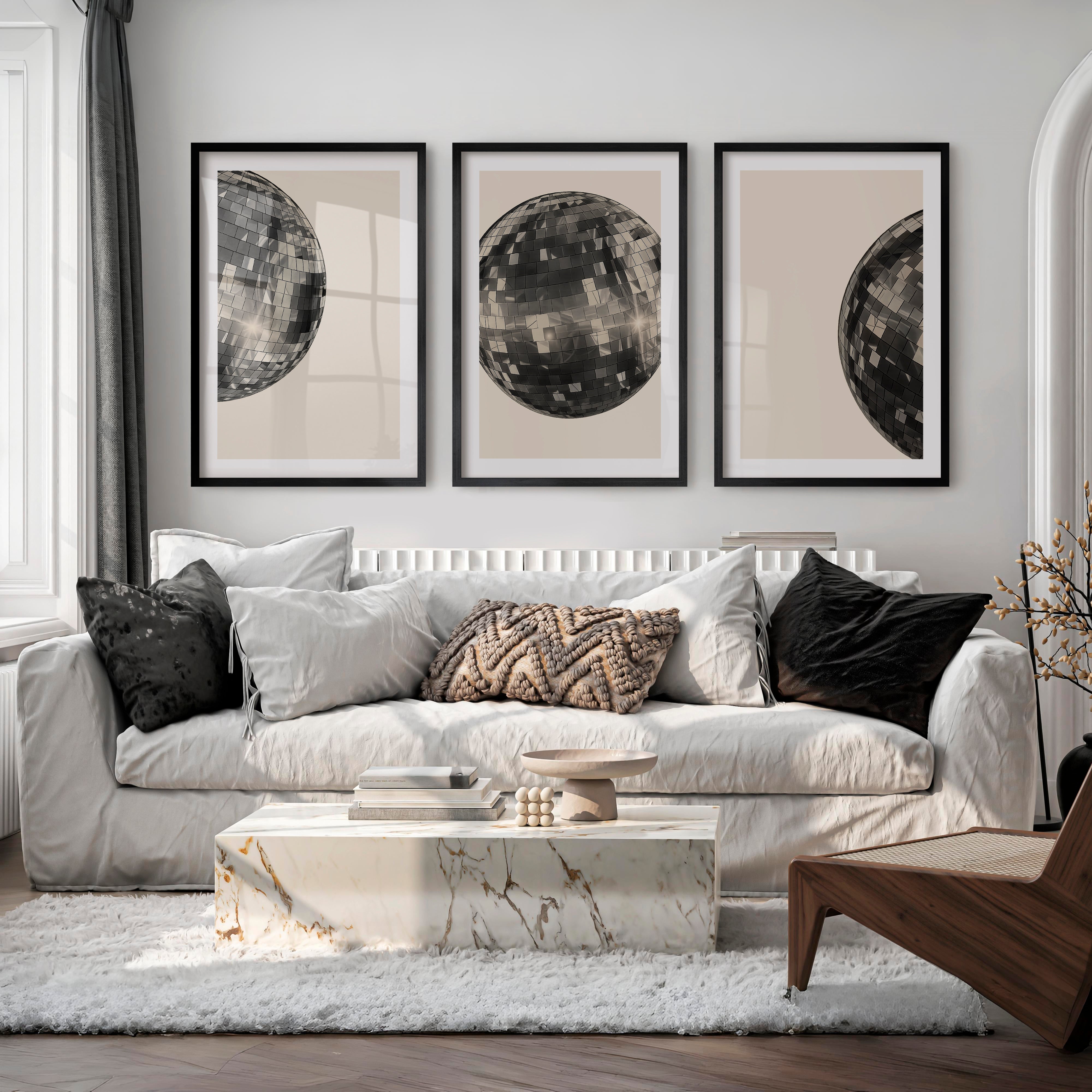 Silver Disco Ball art deco vintage posters - Black Framed Poster with White Border - Artworksets