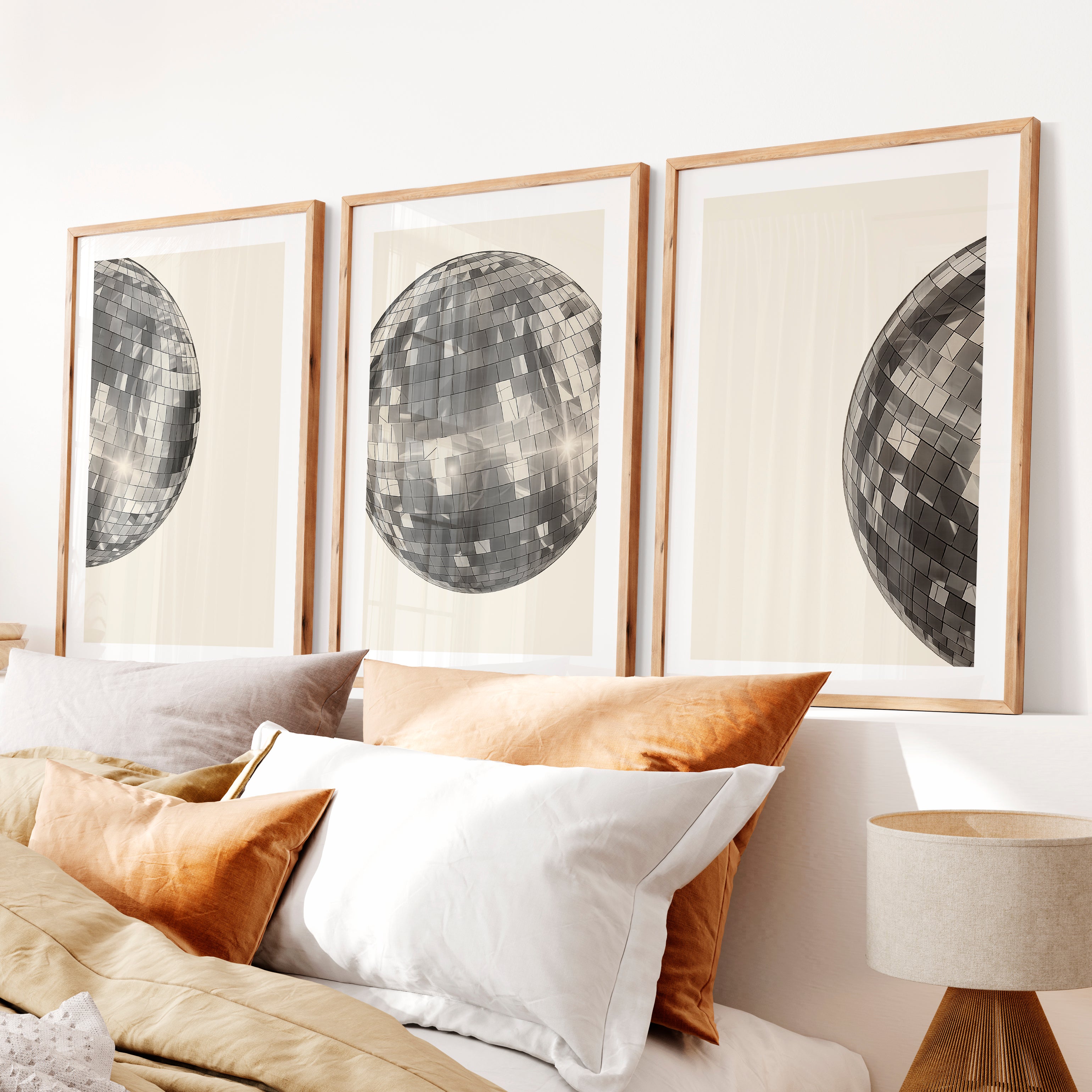 Silver Disco Ball art deco vintage posters- Natural Wood Framed Poster with White Border - Artworksets