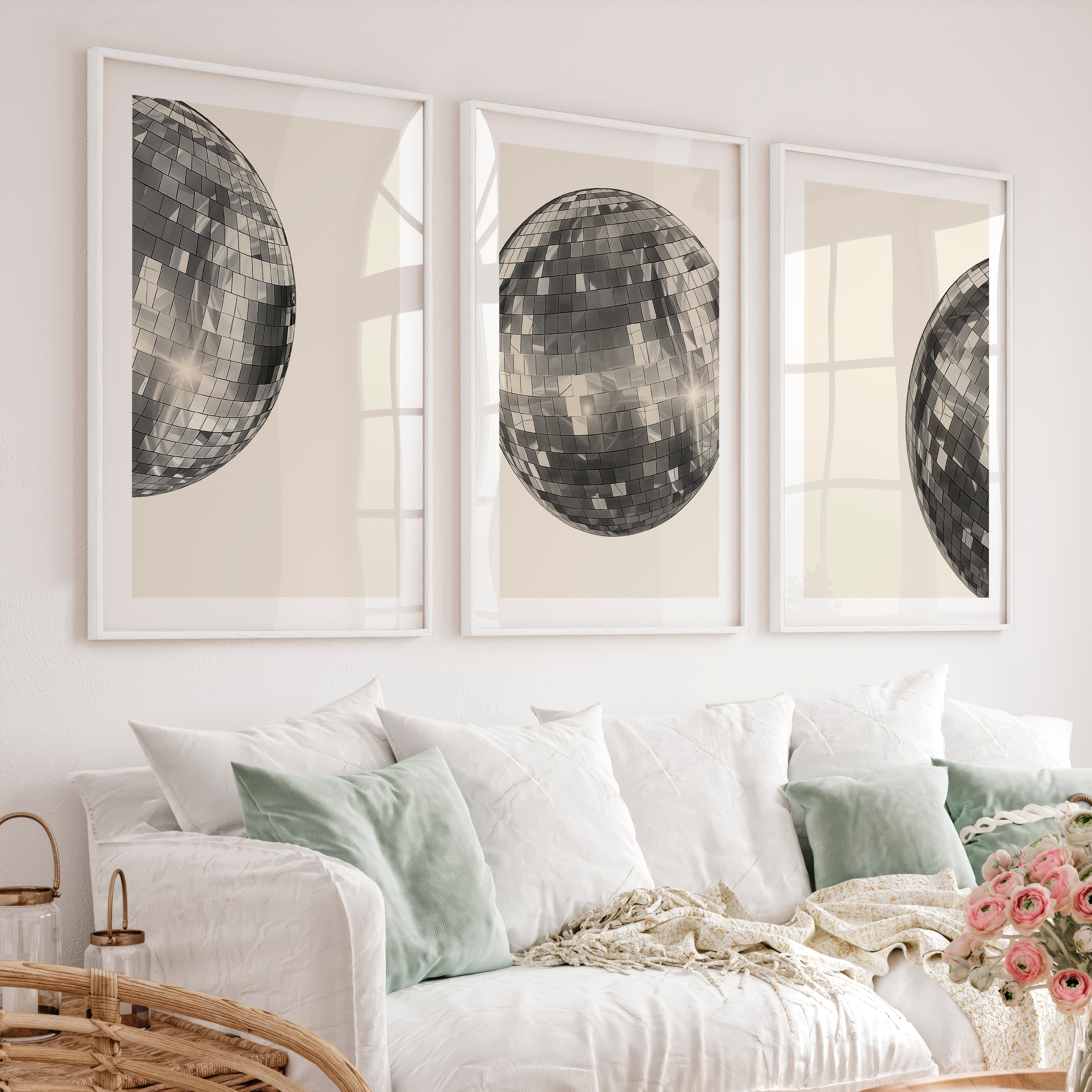 Silver Disco Ball art deco vintage posters - White Framed Poster with White Border - Artworksets