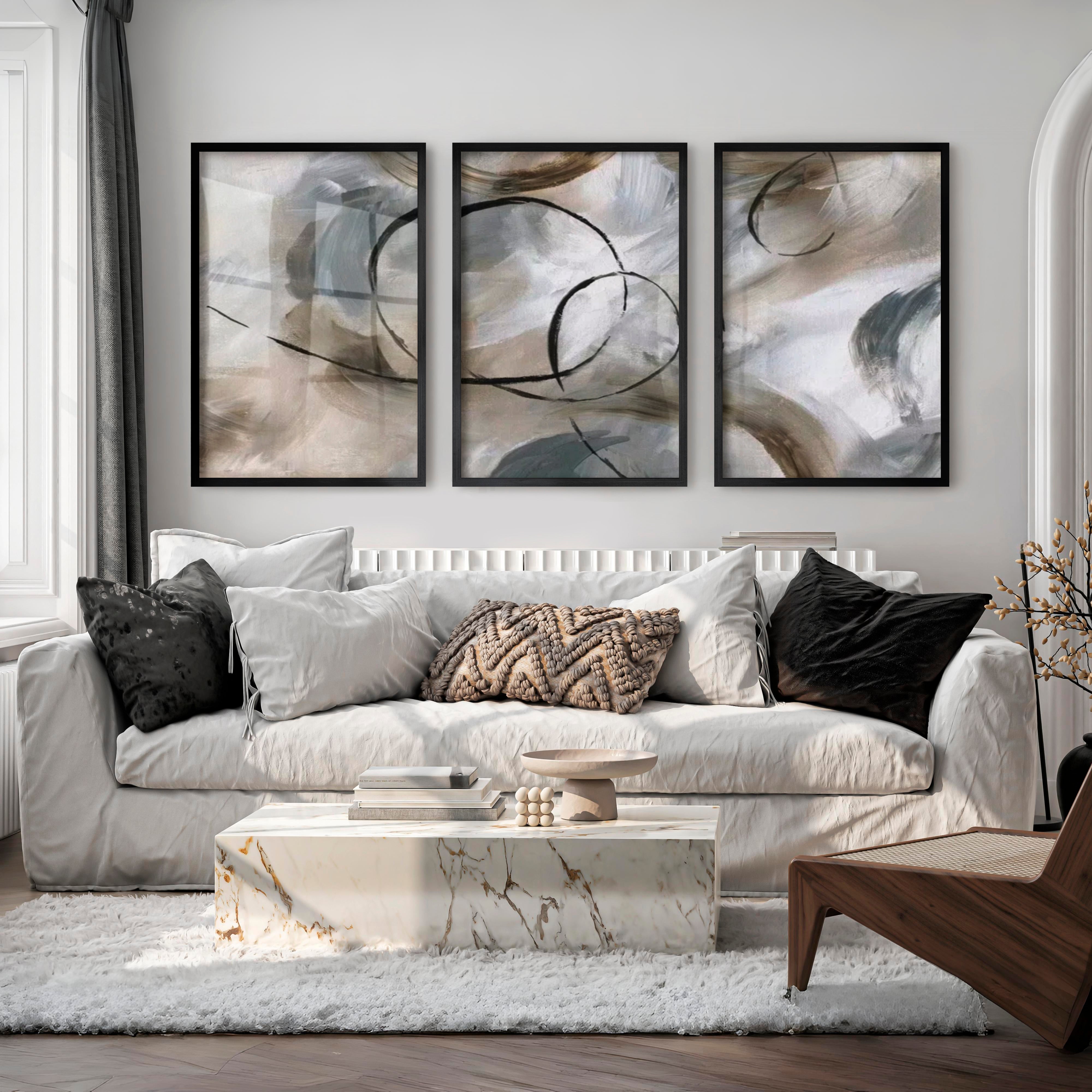 Art Posters Abstract Triptych – Modern Neutral Brushstroke Wall Art Set of 3 - Black Framed Poster No Border - Artworksets