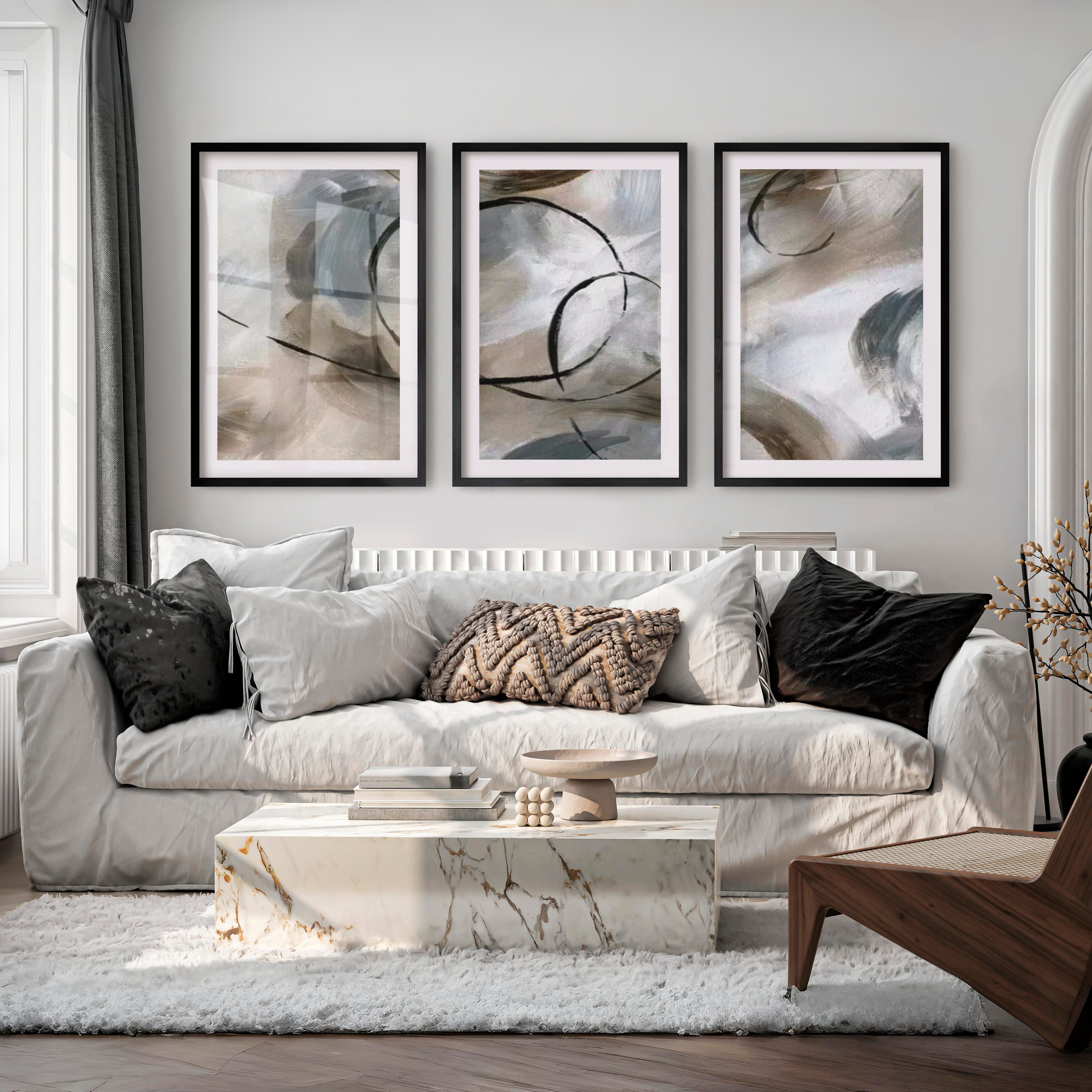 Art Posters Abstract Triptych – Modern Neutral Brushstroke Wall Art Set of 3 - Black Framed Poster with White Border - Artworksets