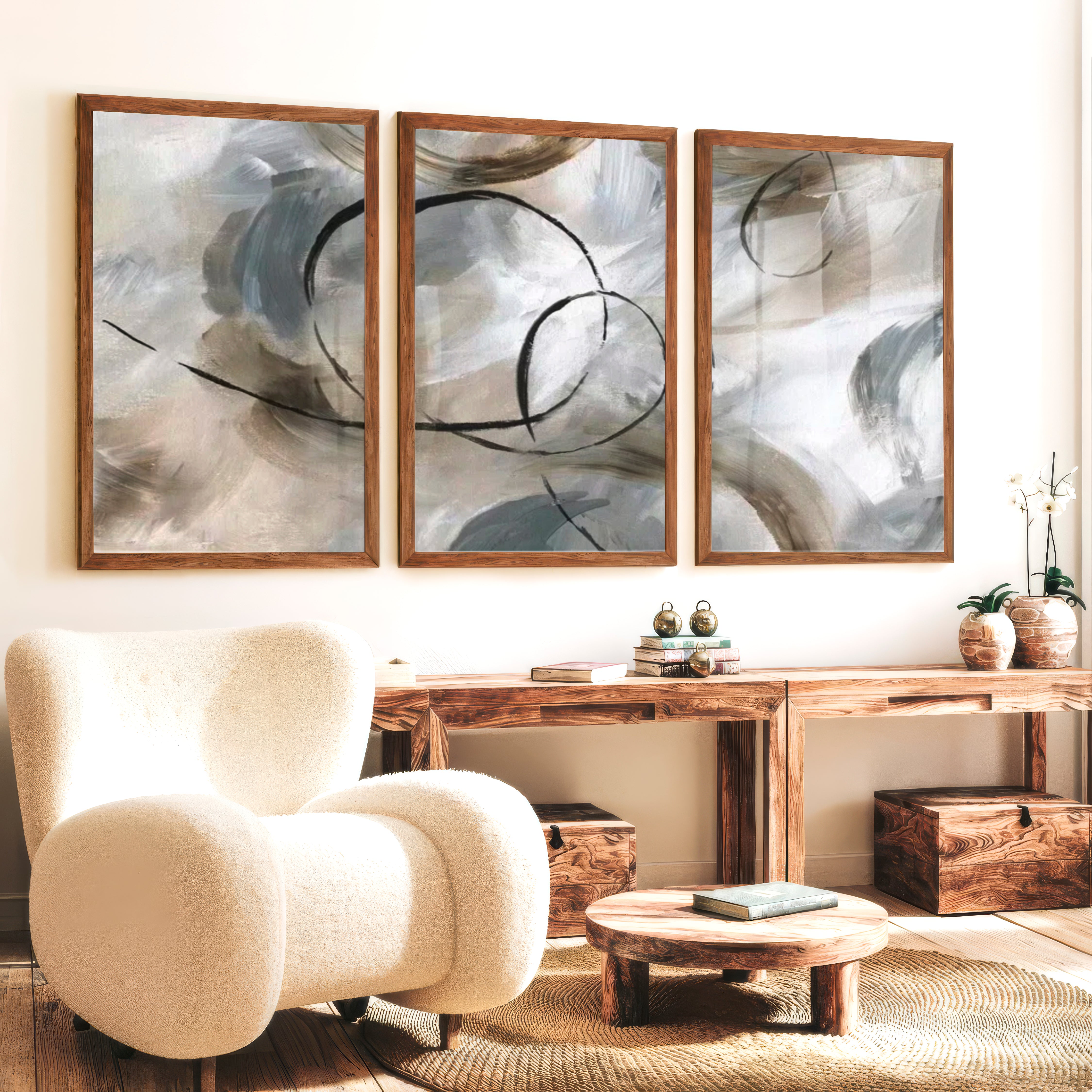 Art Posters Abstract Triptych – Modern Neutral Brushstroke Wall Art Set of 3 - Dark Brown Framed Poster No Border - Artworksets