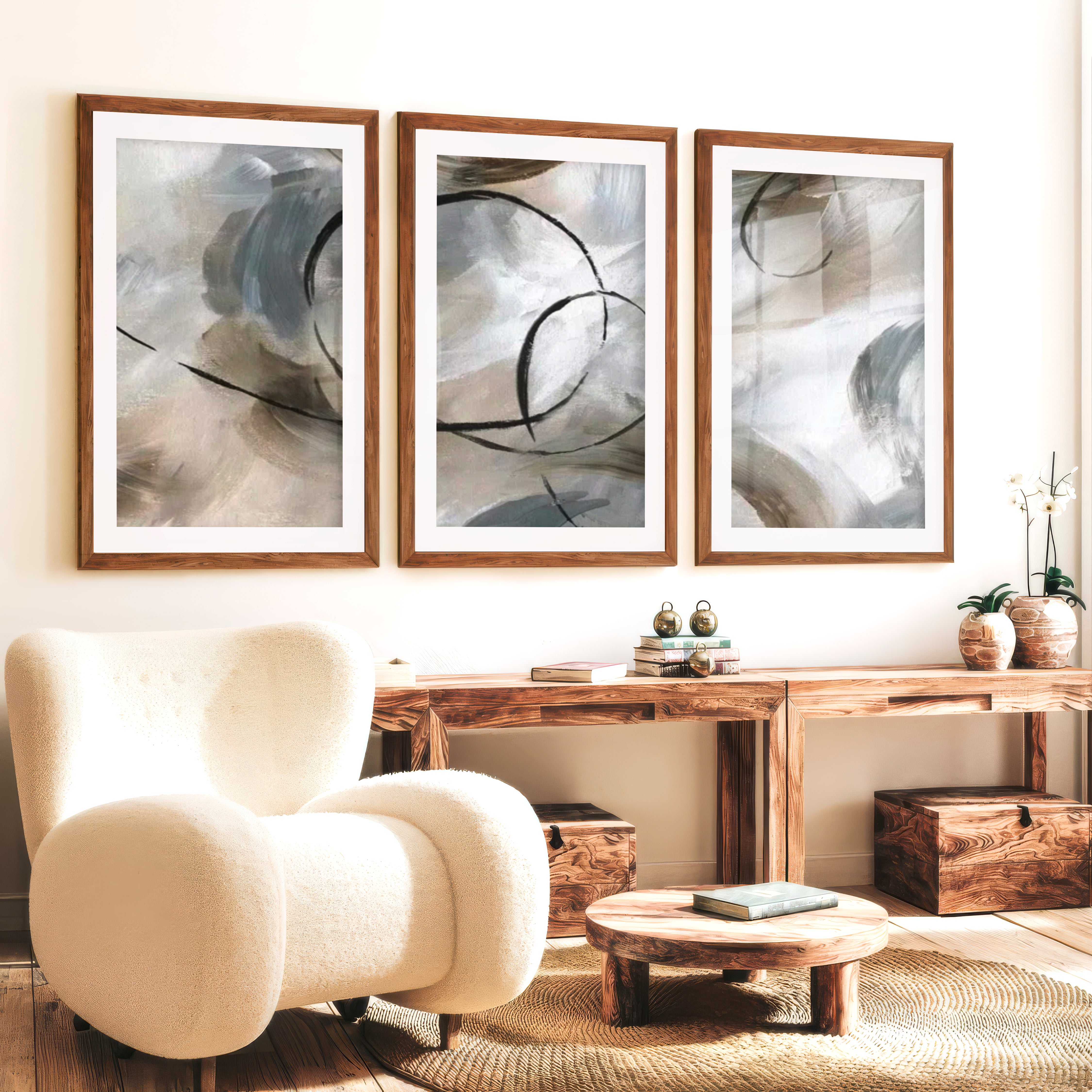 Art Posters Abstract Triptych – Modern Neutral Brushstroke Wall Art Set of 3 - Dark Brown Framed Poster with White Border - Artworksets
