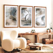 Art Posters Abstract Triptych – Modern Neutral Brushstroke Wall Art Set of 3 - Dark Brown Framed Poster with White Border - Artworksets