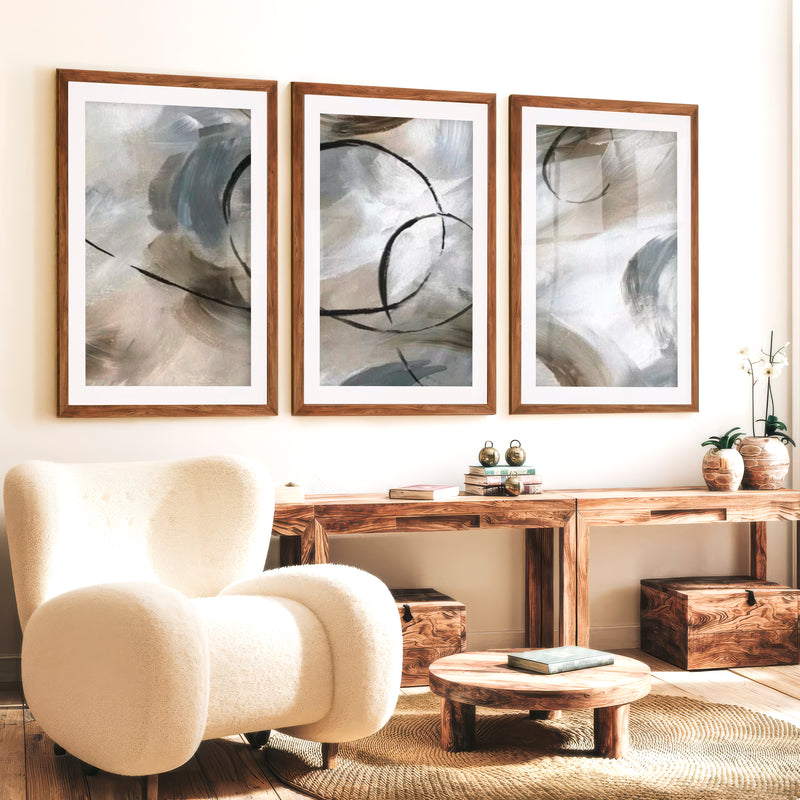 Art Posters Abstract Triptych – Modern Neutral Brushstroke Wall Art Set of 3 - Dark Brown Framed Poster with White Border - Artworksets