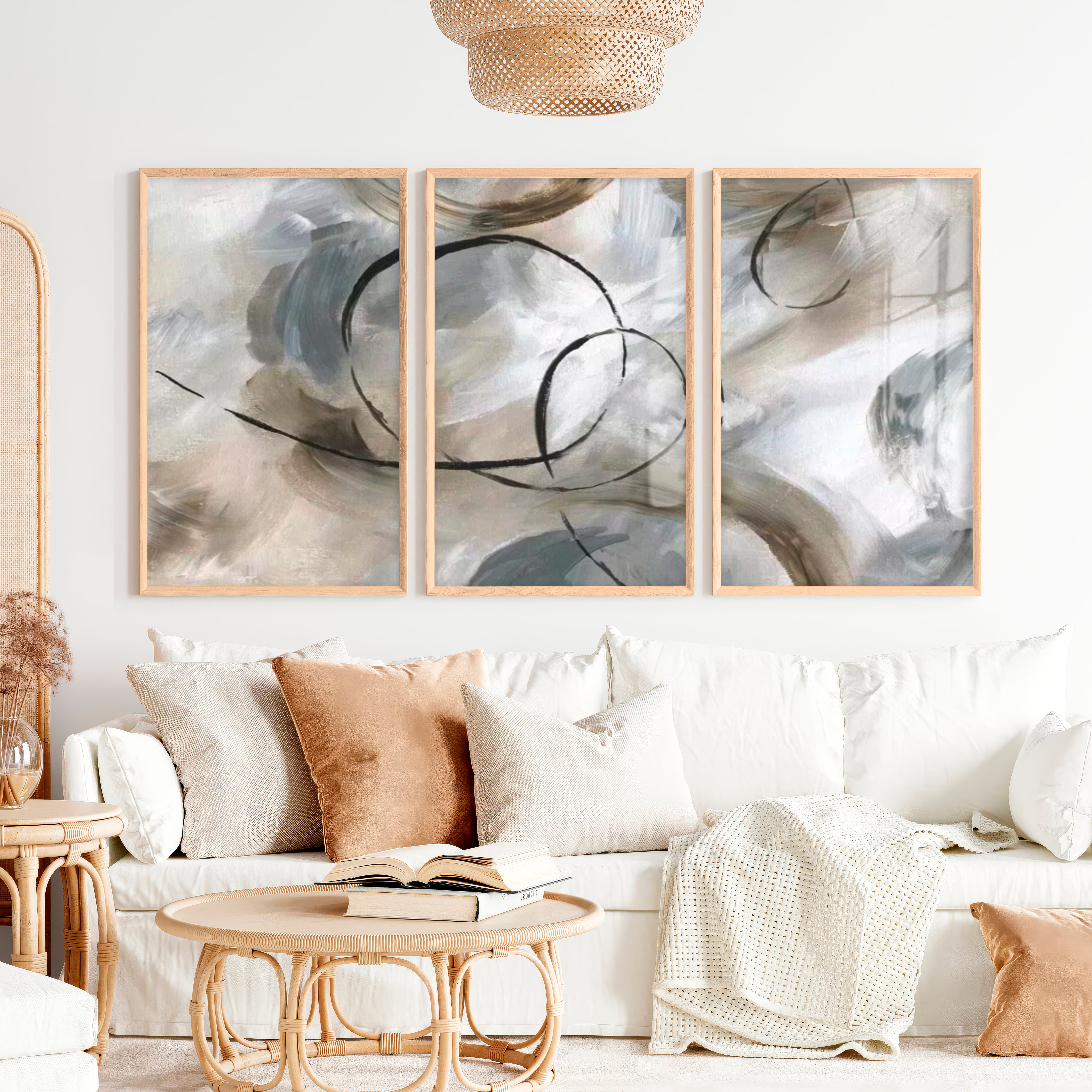 Art Posters Abstract Triptych – Modern Neutral Brushstroke Wall Art Set of 3 - Natural Wood Framed Poster No Border - Artworksets