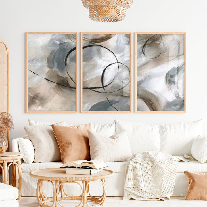Art Posters Abstract Triptych – Modern Neutral Brushstroke Wall Art Set of 3 - Natural Wood Framed Poster No Border - Artworksets