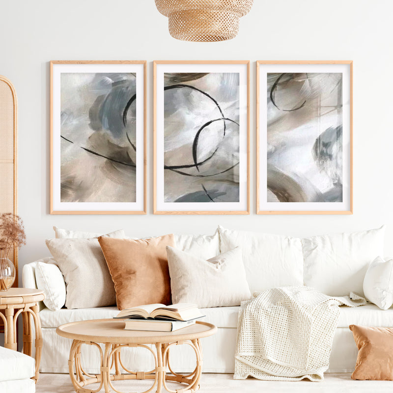 Art Posters Abstract Triptych – Modern Neutral Brushstroke Wall Art Set of 3- Natural Wood Framed Poster with White Border - Artworksets
