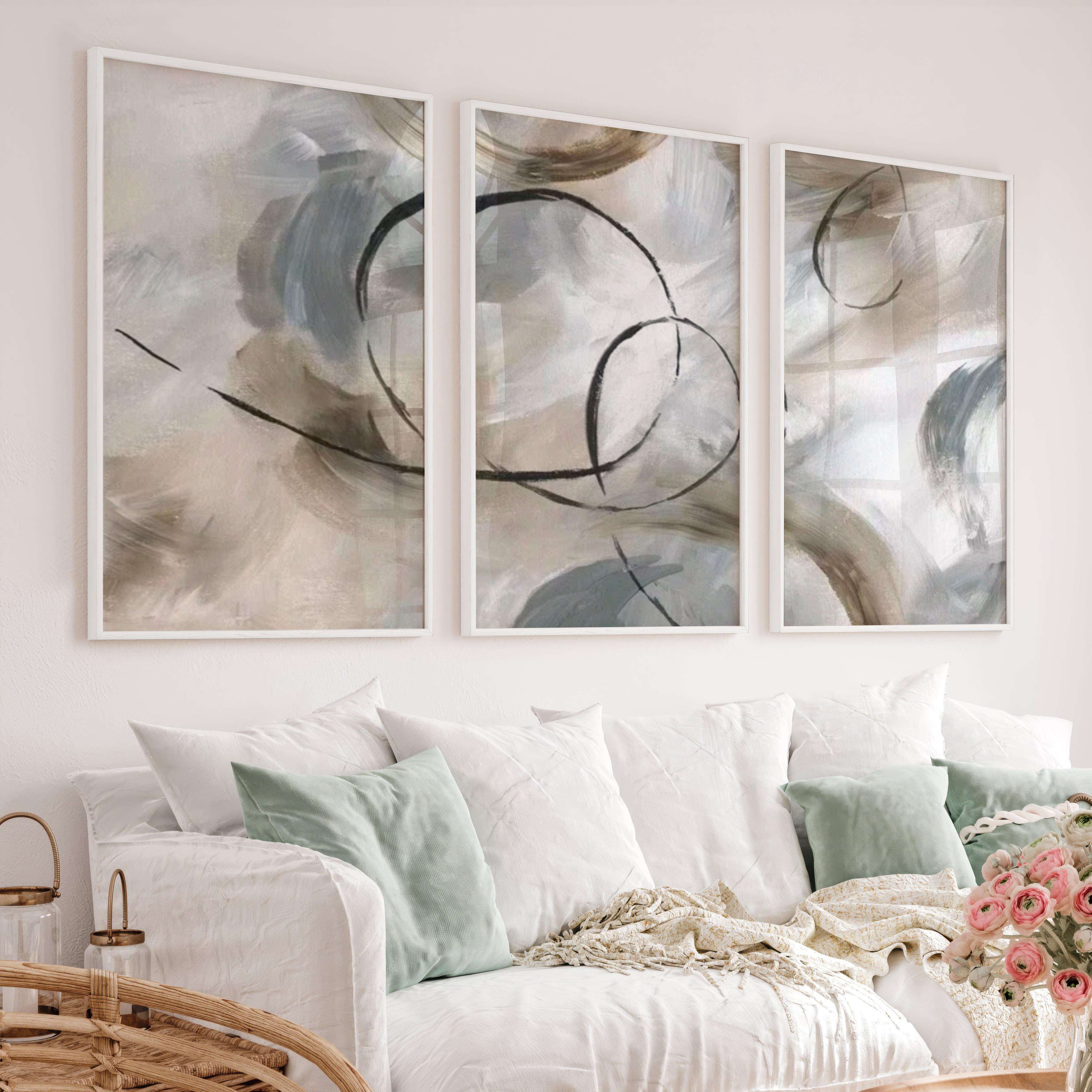 Art Posters Abstract Triptych – Modern Neutral Brushstroke Wall Art Set of 3 - White Framed Poster No Border - Artworksets