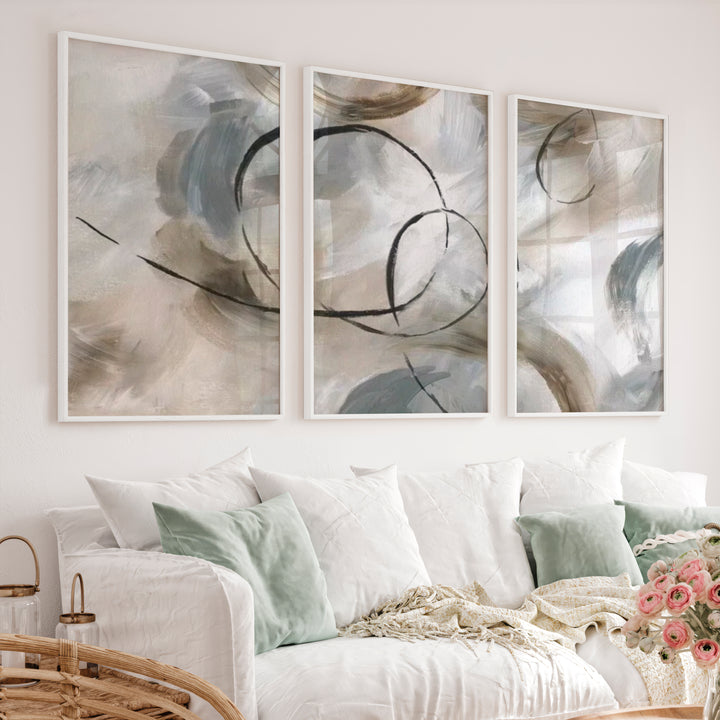 Art Posters Abstract Triptych – Modern Neutral Brushstroke Wall Art Set of 3 - White Framed Poster No Border - Artworksets