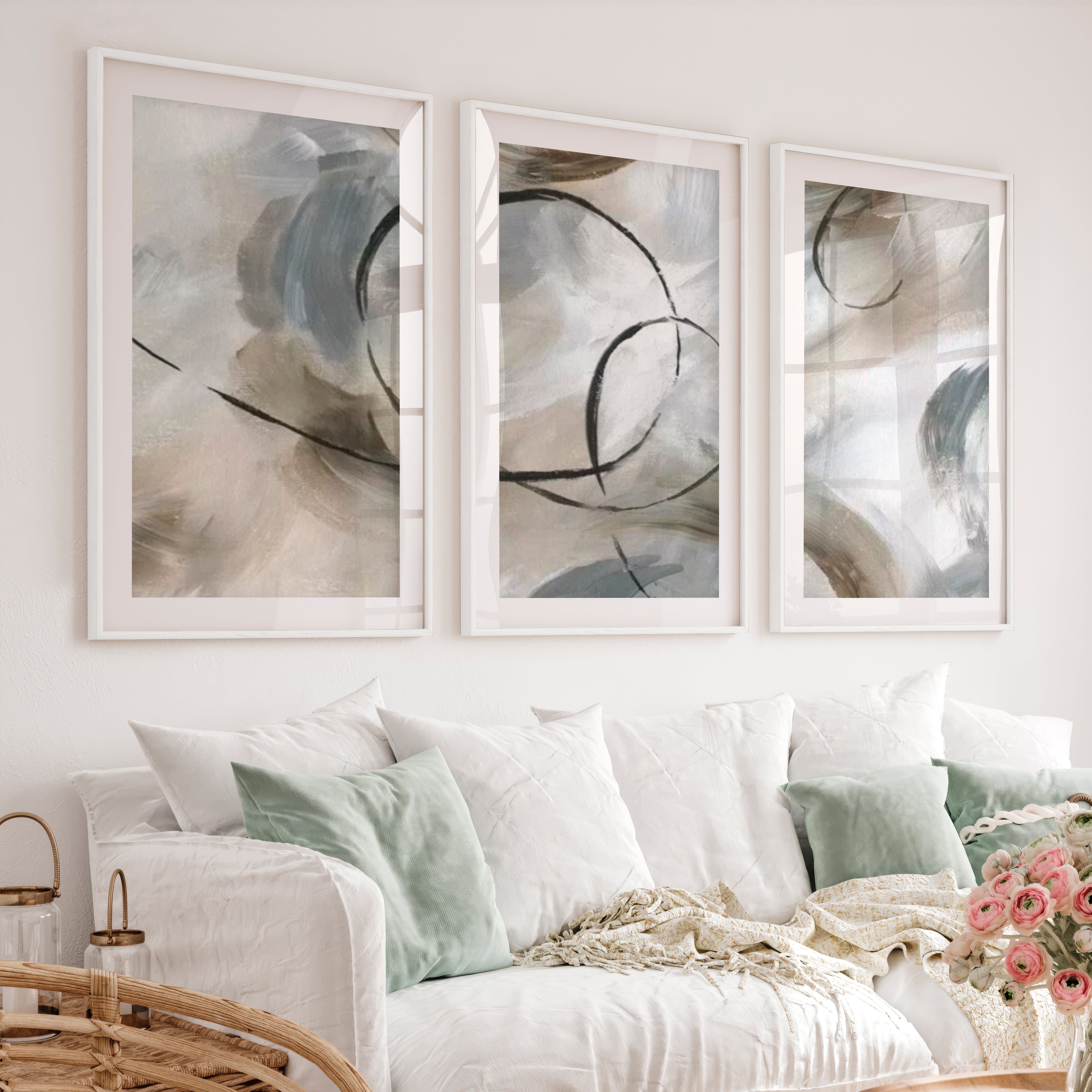 Art Posters Abstract Triptych – Modern Neutral Brushstroke Wall Art Set of 3 - White Framed Poster with White Border - Artworksets