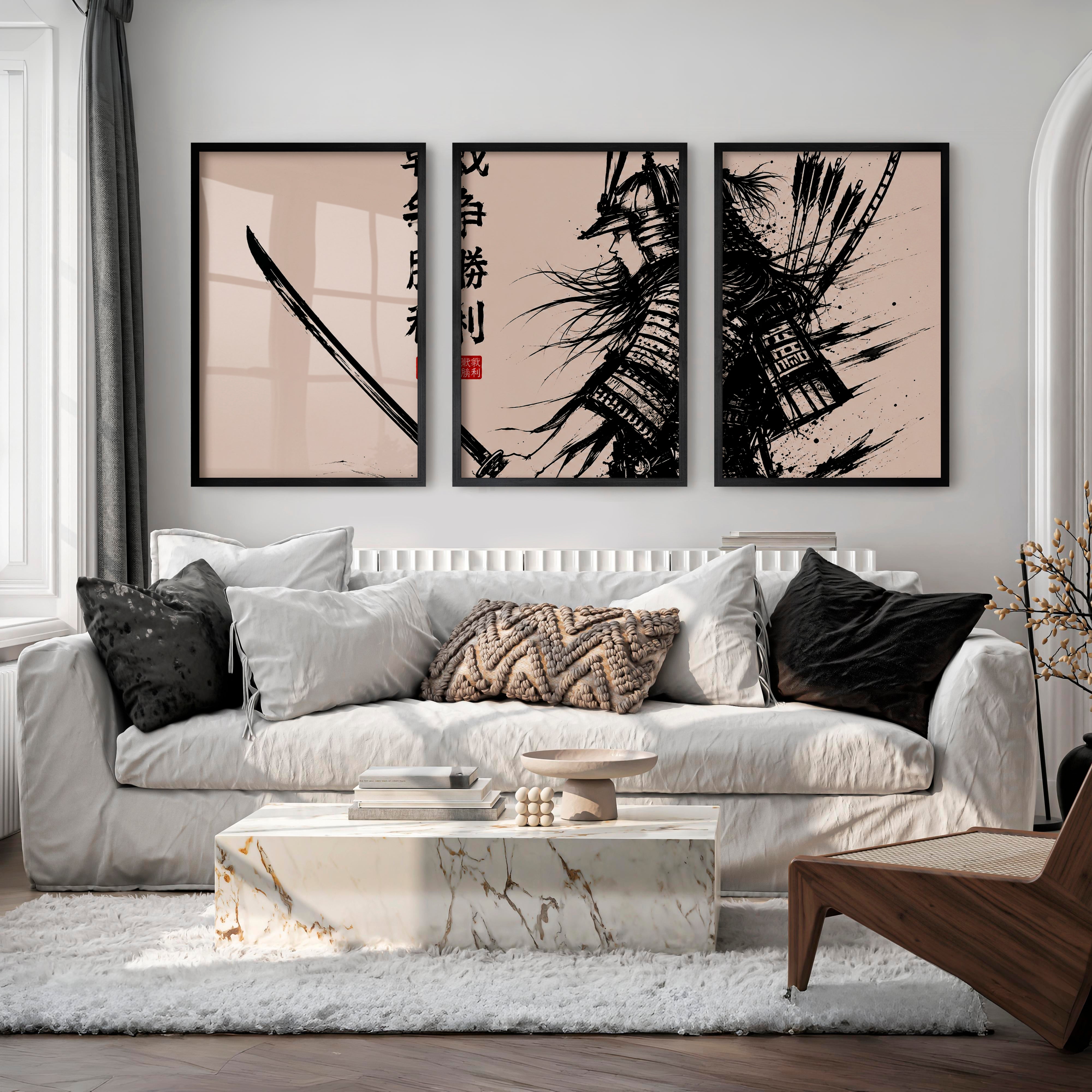 Art Prints Japanese Ink Splash Triptych - Black Framed Poster No Border - Artworksets