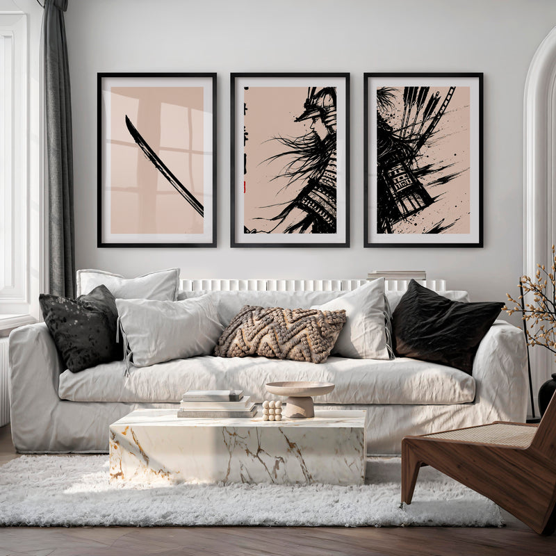 Art Prints Japanese Ink Splash Triptych - Black Framed Poster with White Border - Artworksets