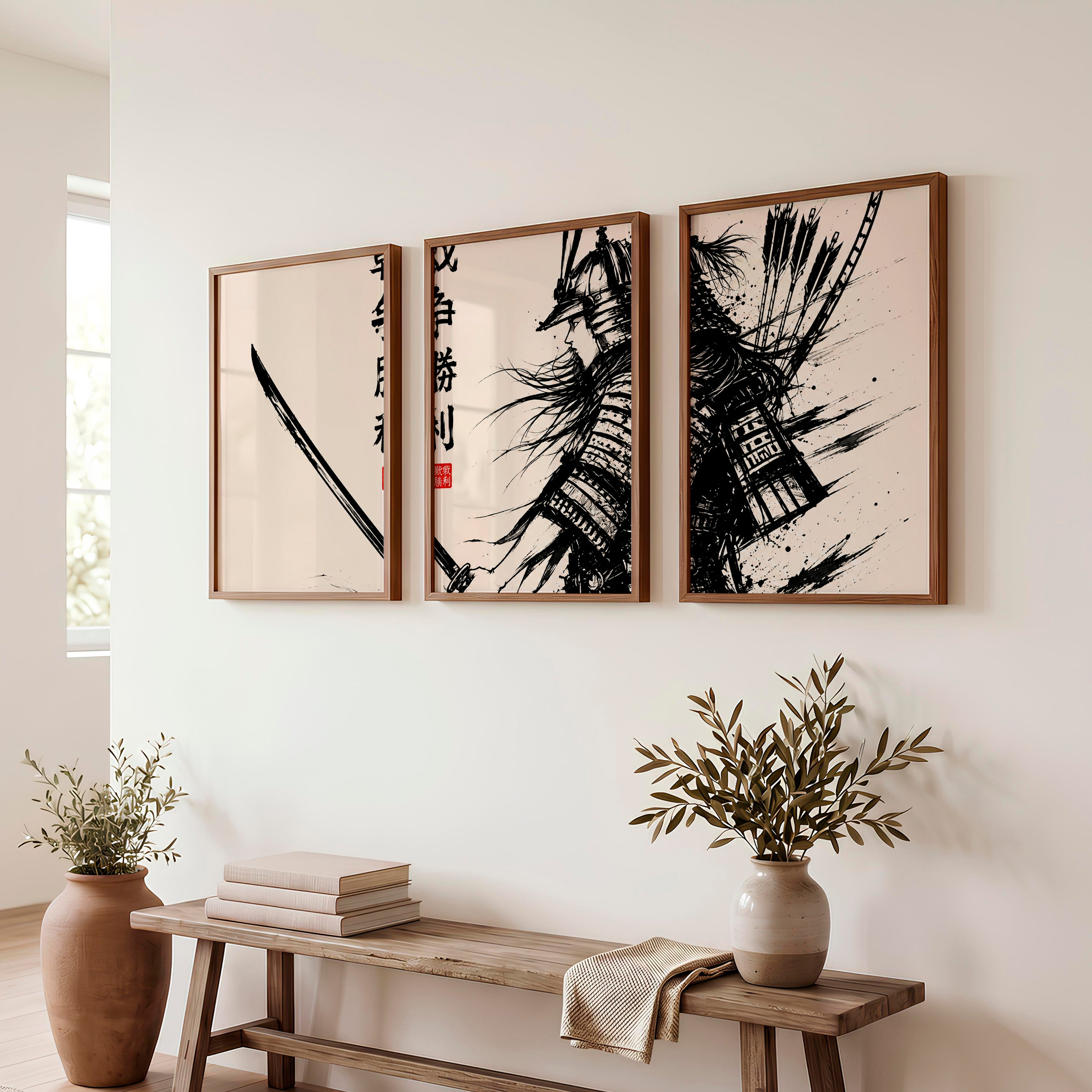 Art Prints Japanese Ink Splash Triptych - Dark Brown Framed Poster No Border - Artworksets