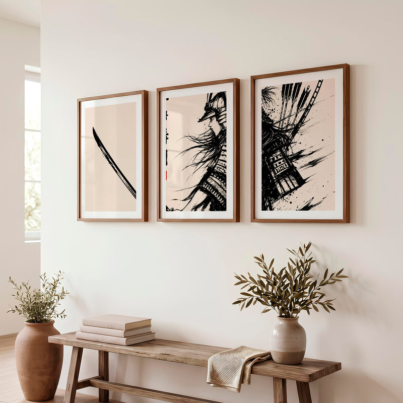 Art Prints Japanese Ink Splash Triptych - Dark Brown Framed Poster with White Border - Artworksets