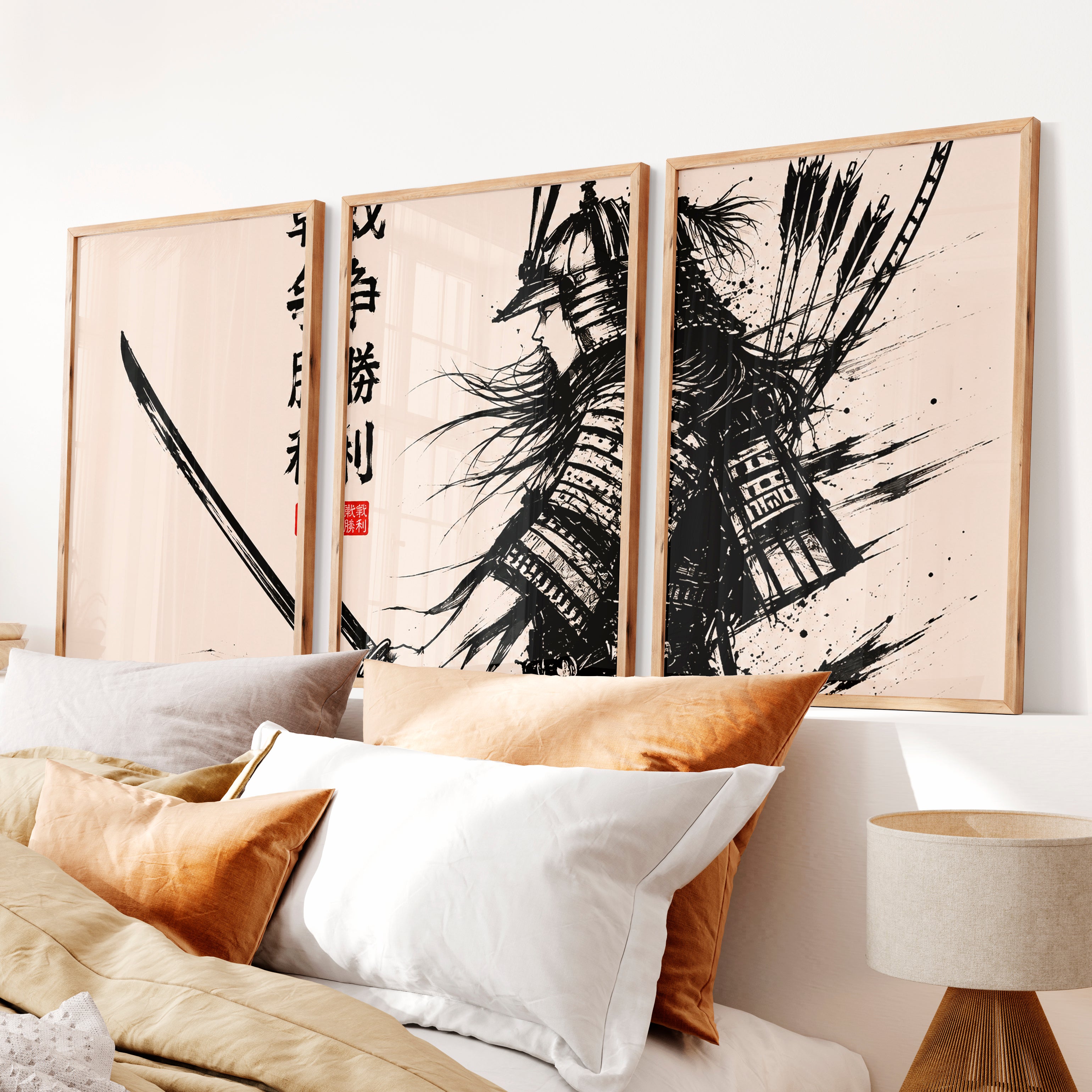 Art Prints Japanese Ink Splash Triptych - Natural Wood Framed Poster No Border - Artworksets