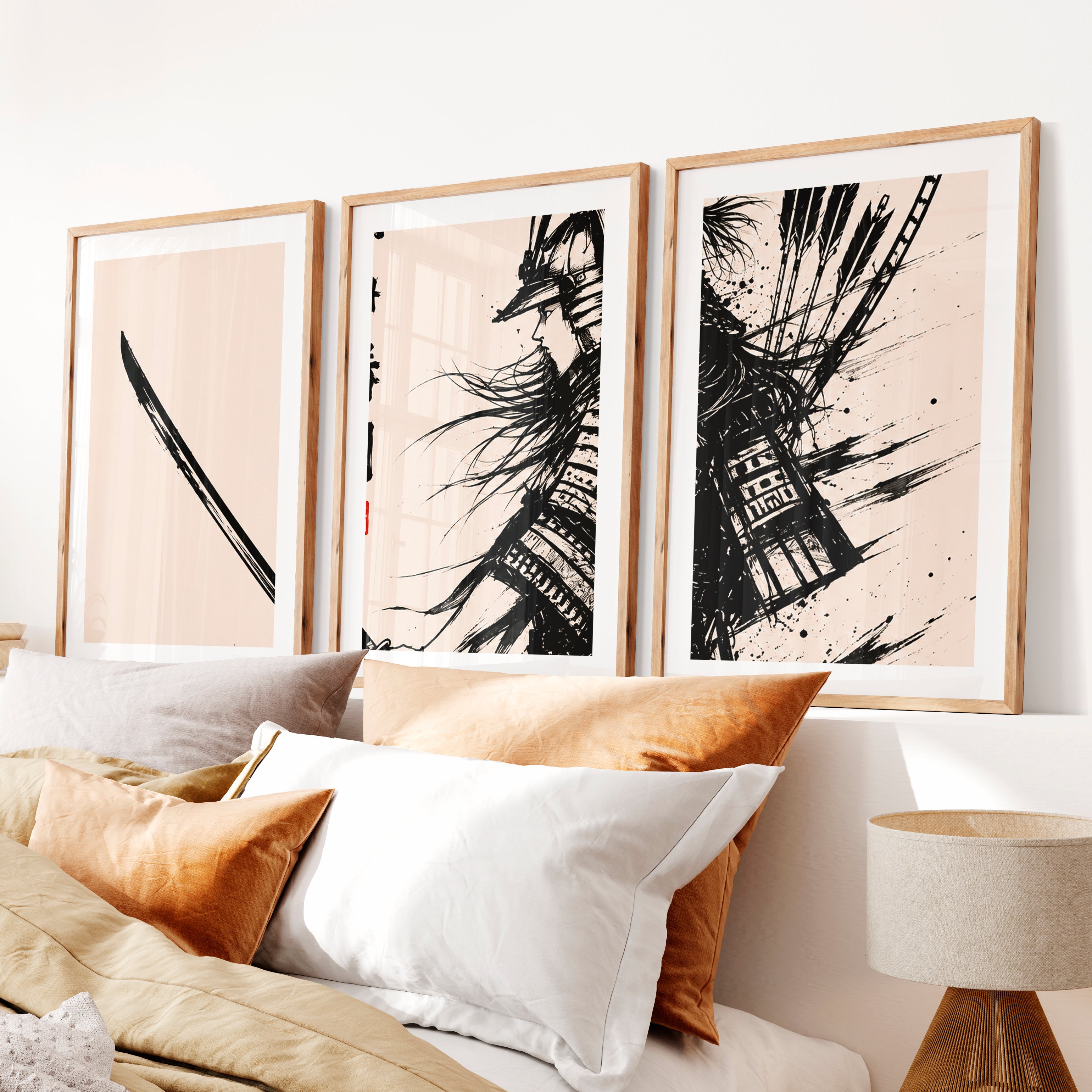 Art Prints Japanese Ink Splash Triptych- Natural Wood Framed Poster with White Border - Artworksets