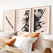 Art Prints Japanese Ink Splash Triptych- Natural Wood Framed Poster with White Border - Artworksets