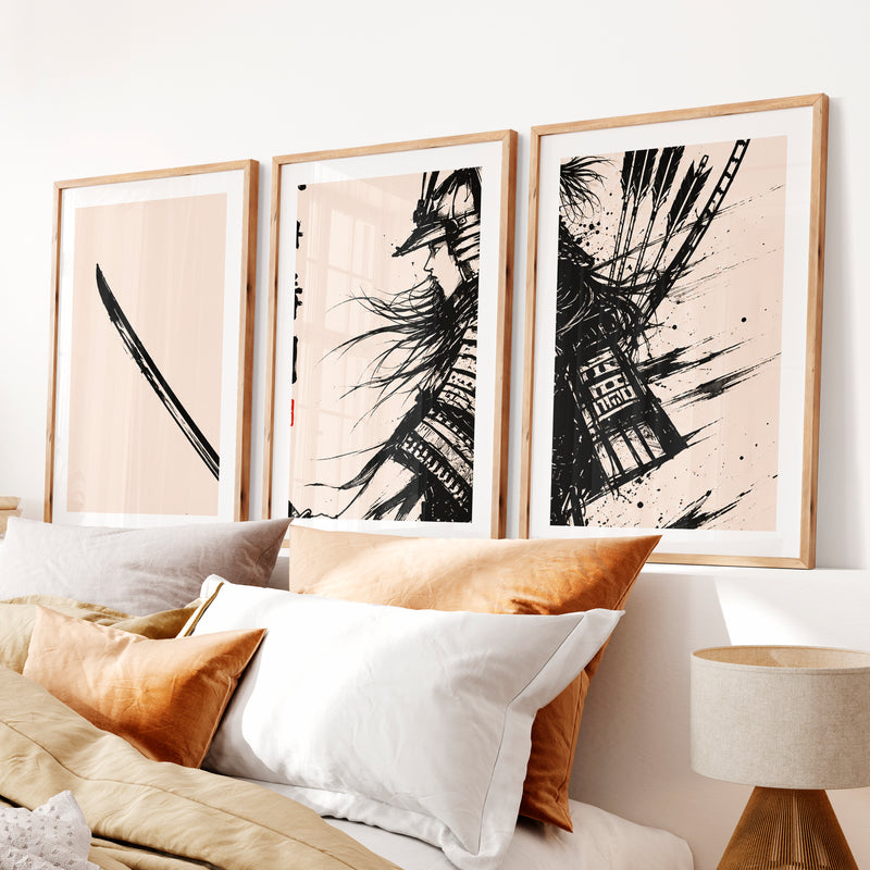 Art Prints Japanese Ink Splash Triptych- Natural Wood Framed Poster with White Border - Artworksets
