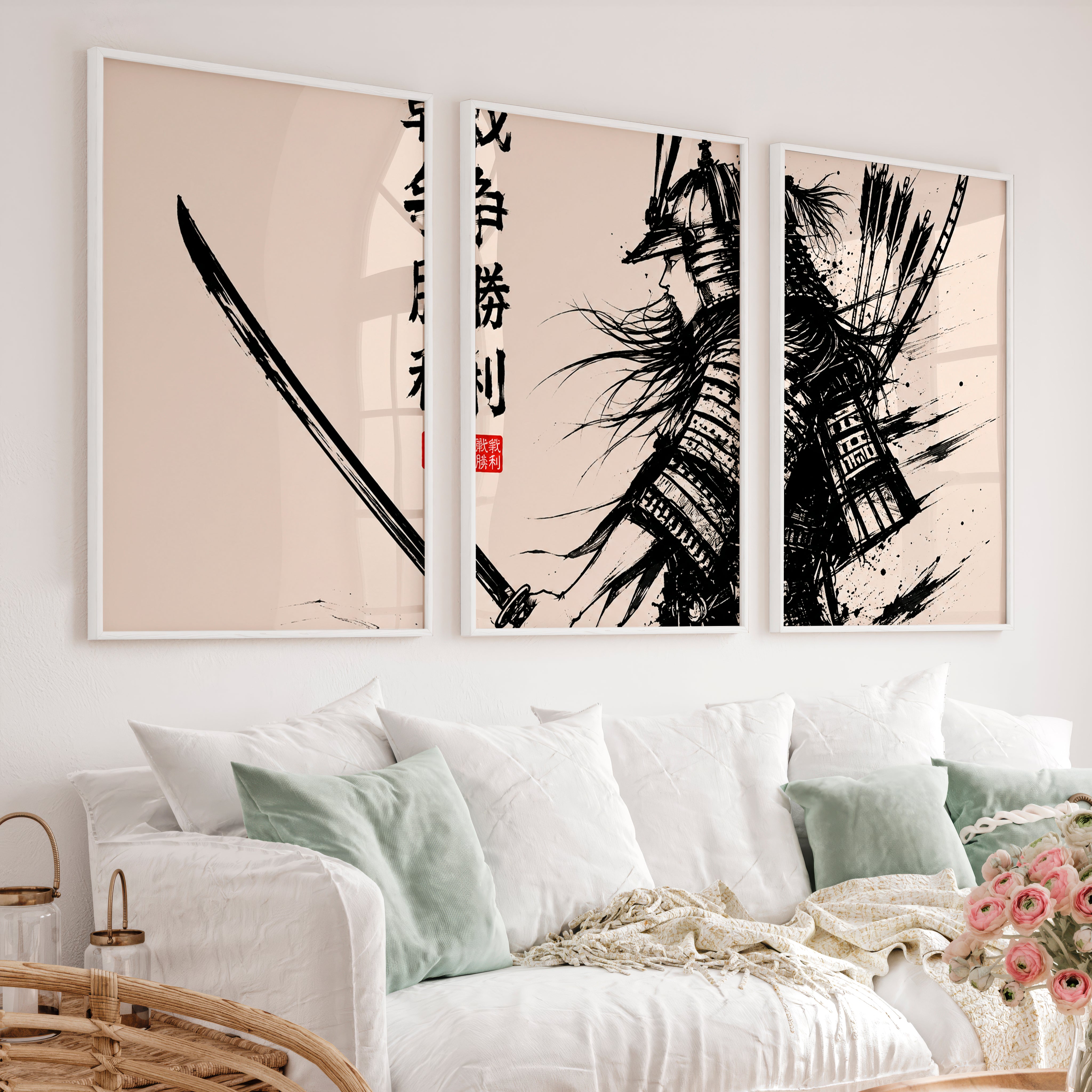 Art Prints Japanese Ink Splash Triptych - White Framed Poster No Border - Artworksets