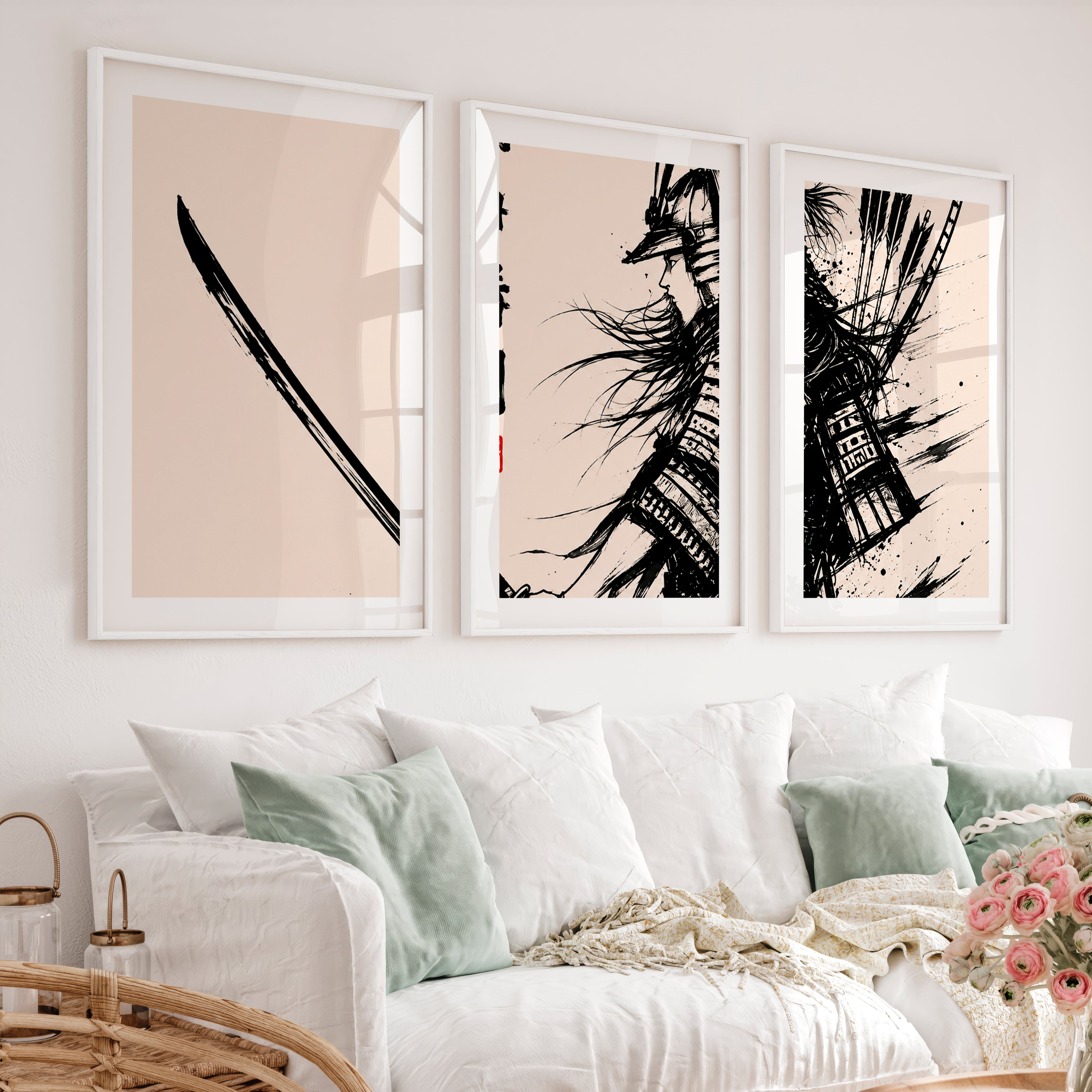 Art Prints Japanese Ink Splash Triptych - White Framed Poster with White Border - Artworksets